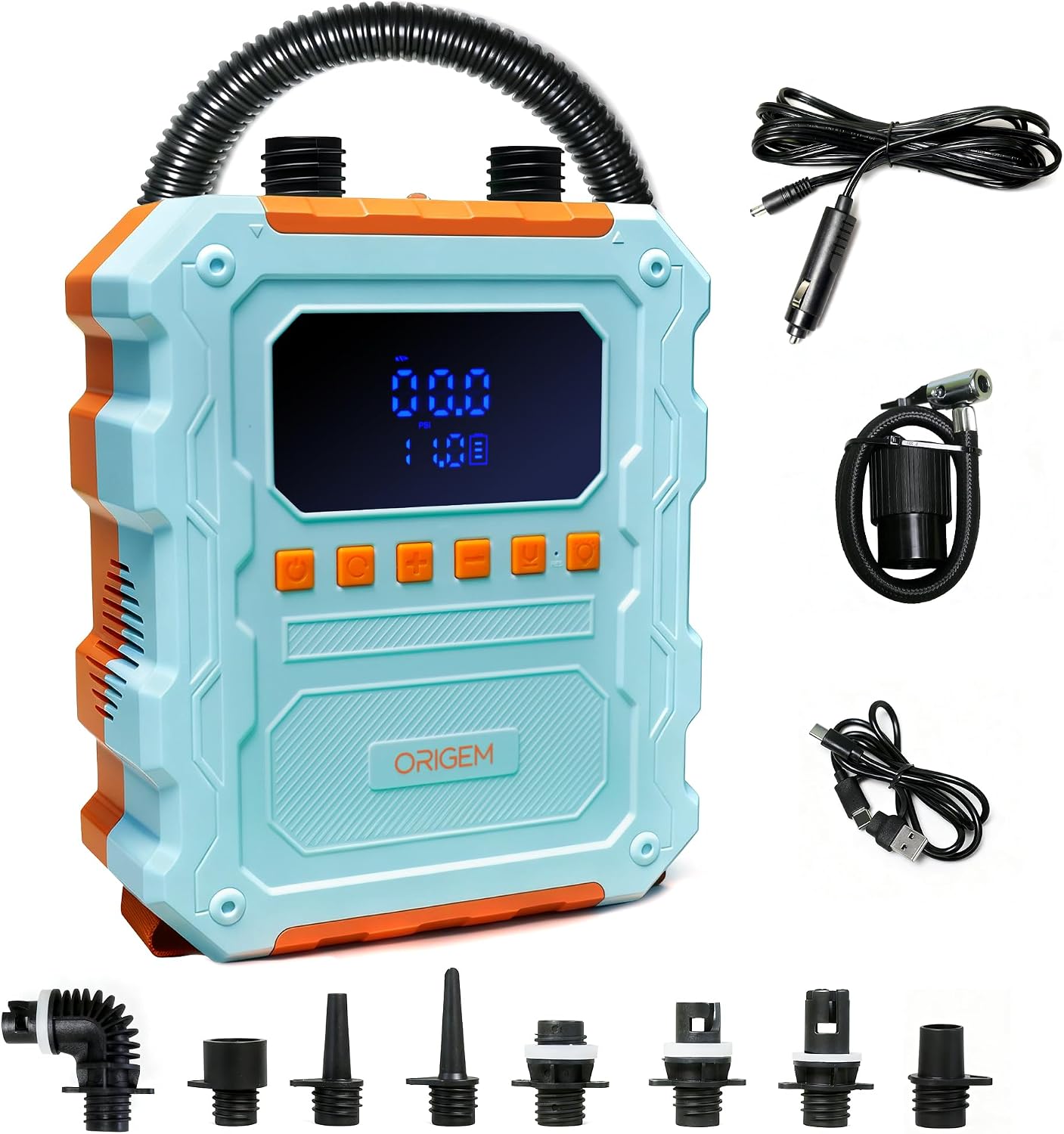Detalle de Origem Electric Paddle Board Pump 60 PSI: Compact Power for SUPs, Tents, Cars and More