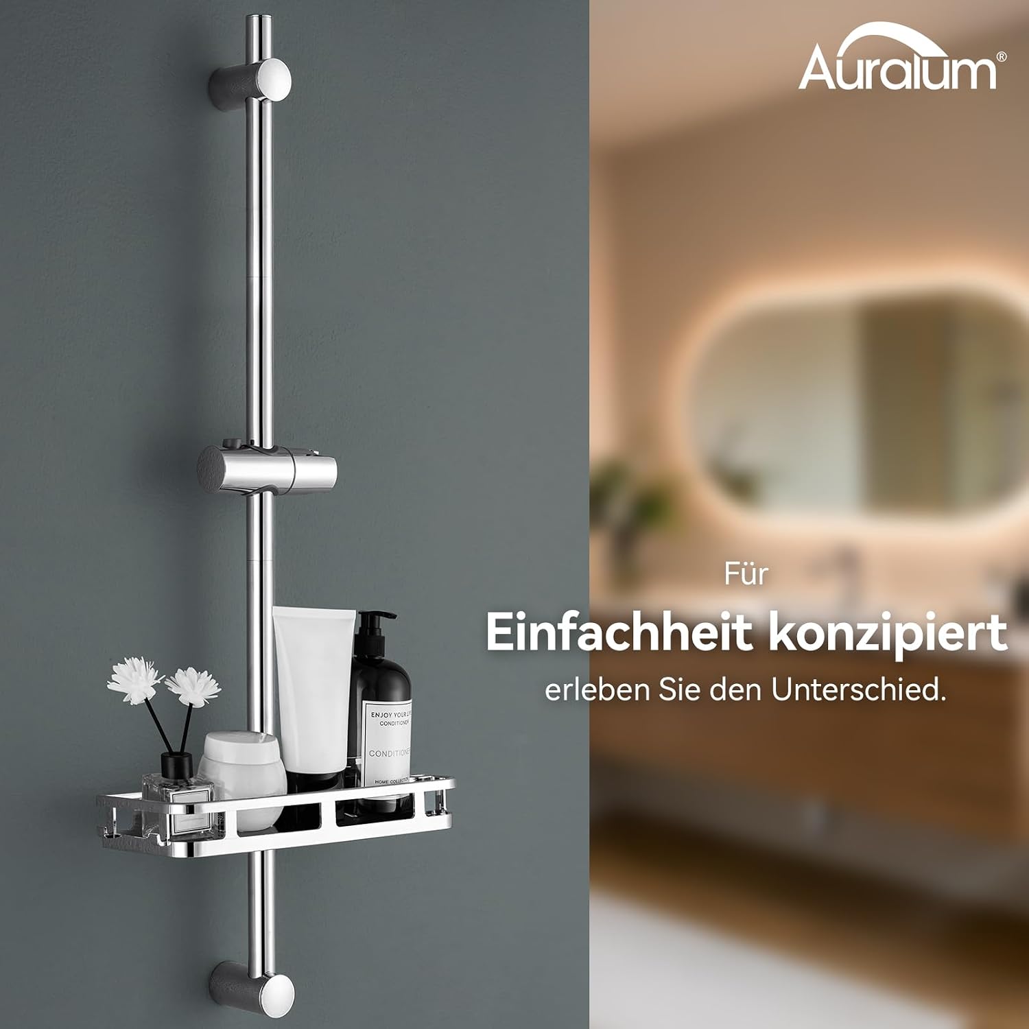 Detalle de Auralum Duschstange Edelstahl 90 cm mit Duschablage – rüstet ohne neue Bohrlöcher auf