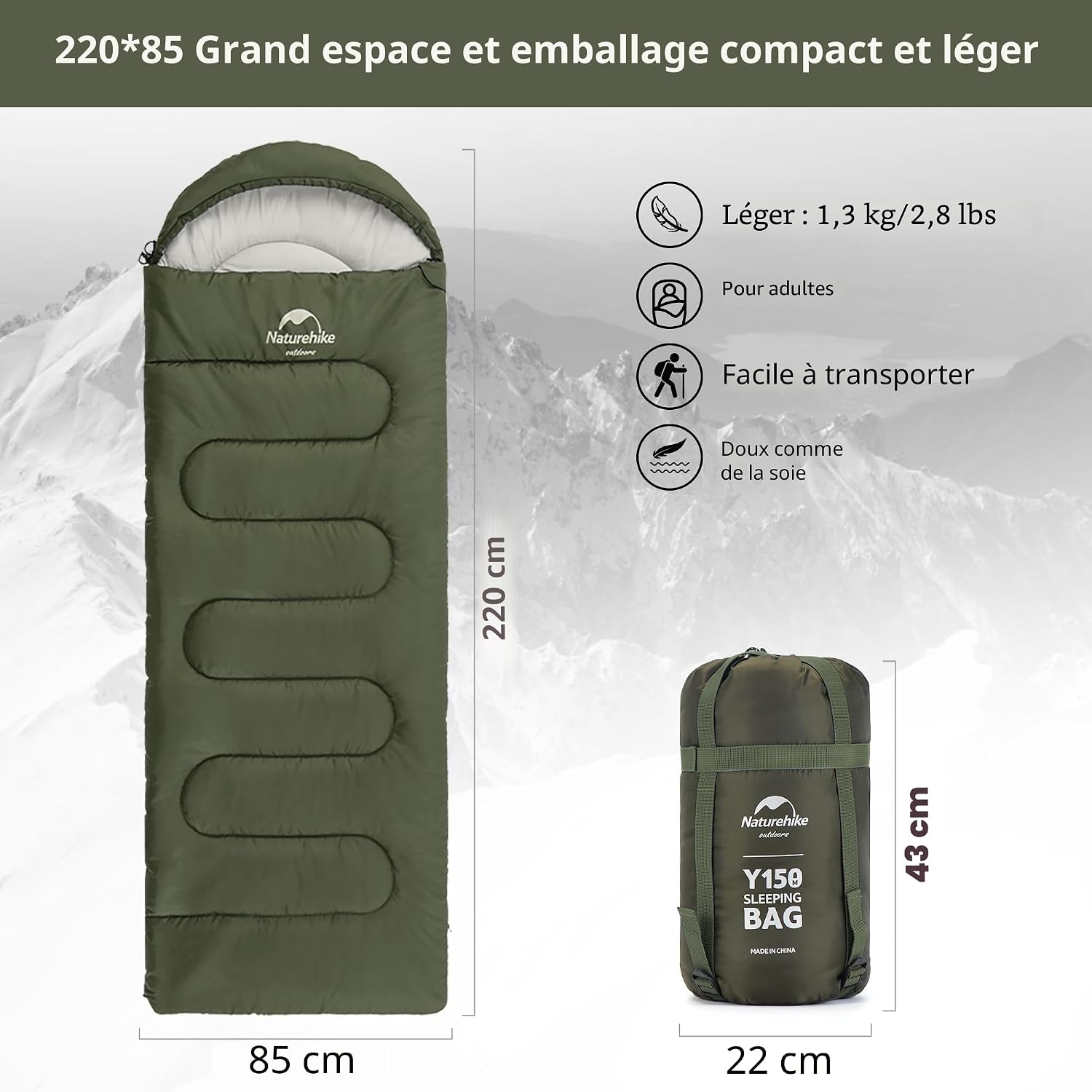 Detalle de Naturehike Sac de Couchage Compact 3 Saisons – Surdimensionné 220x85 cm, Ultra léger et modulable