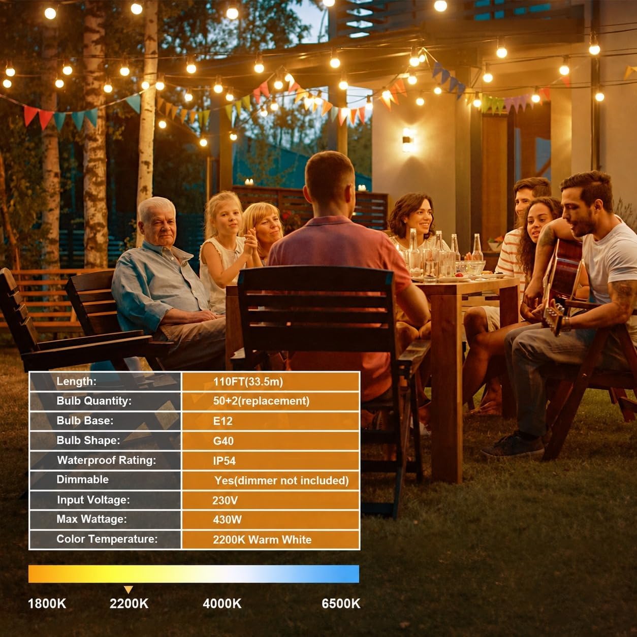 Thumbnail 5 de Torkase 110FT Outdoor String Lights with 52 G40 LED Filament Bulbs – IP65, Mains Powered