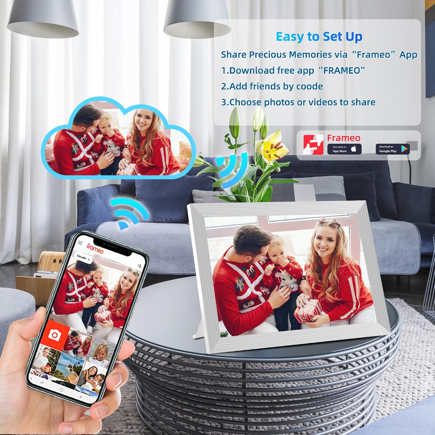 Detalle 2 de REUMAR 32GB 10.1-inch Smart WiFi Digital Photo Frame (Frameo App, IPS Touch Screen, Auto-Rotate) – White