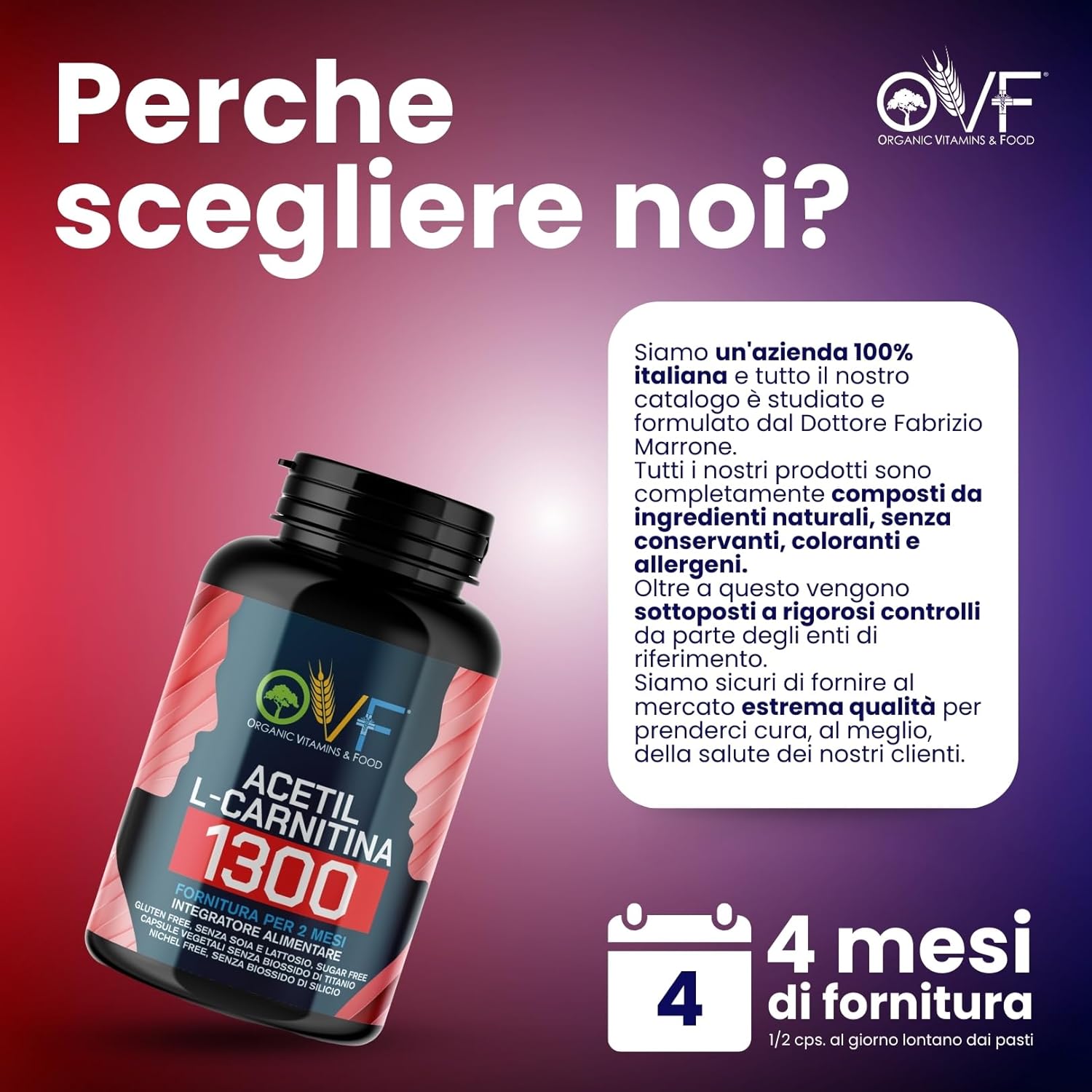 Detalle de OVF Acetil L-Carnitina 1300 mg 120 cps – energia e focus, Made in Italy