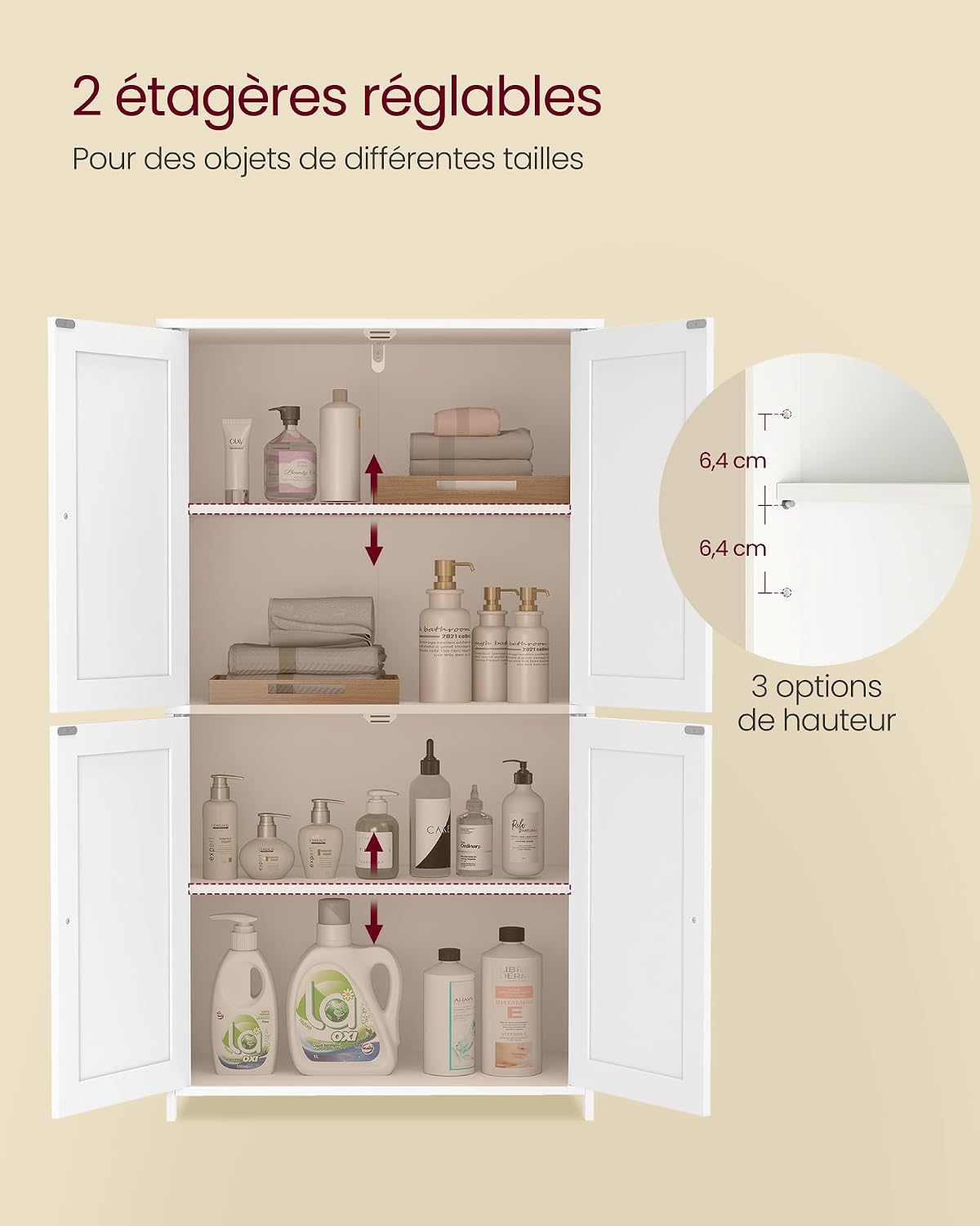 Thumbnail 4 de VASAGLE Armoire de Salle de Bain – Style shaker, 2 placards et étagères réglables, blanc nuage BBC553WH01