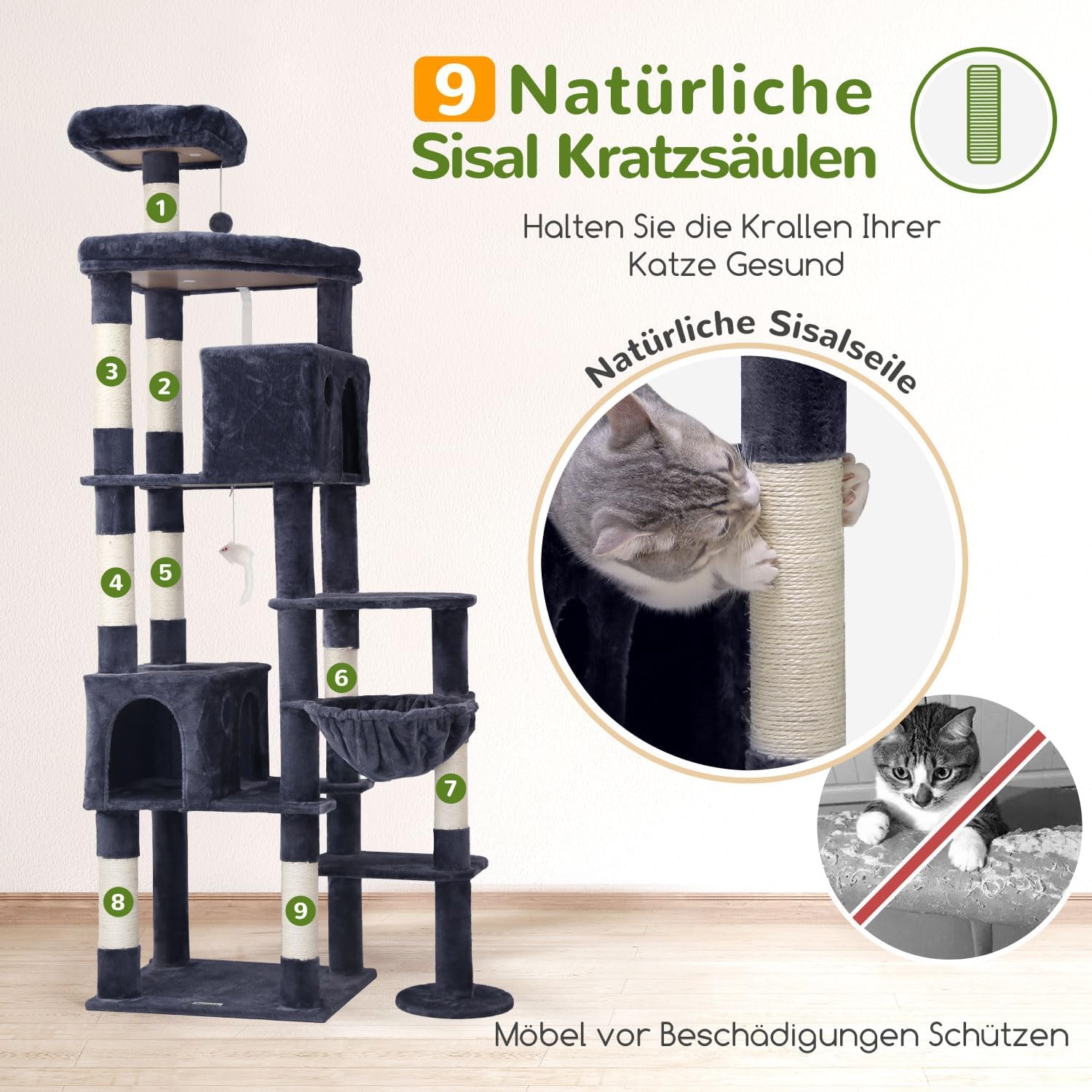 Thumbnail 5 de Globlazer XXL Kratzbaum für Große Katzen – 213 cm, stabil, mehrstöckig und mit Katzenhaus