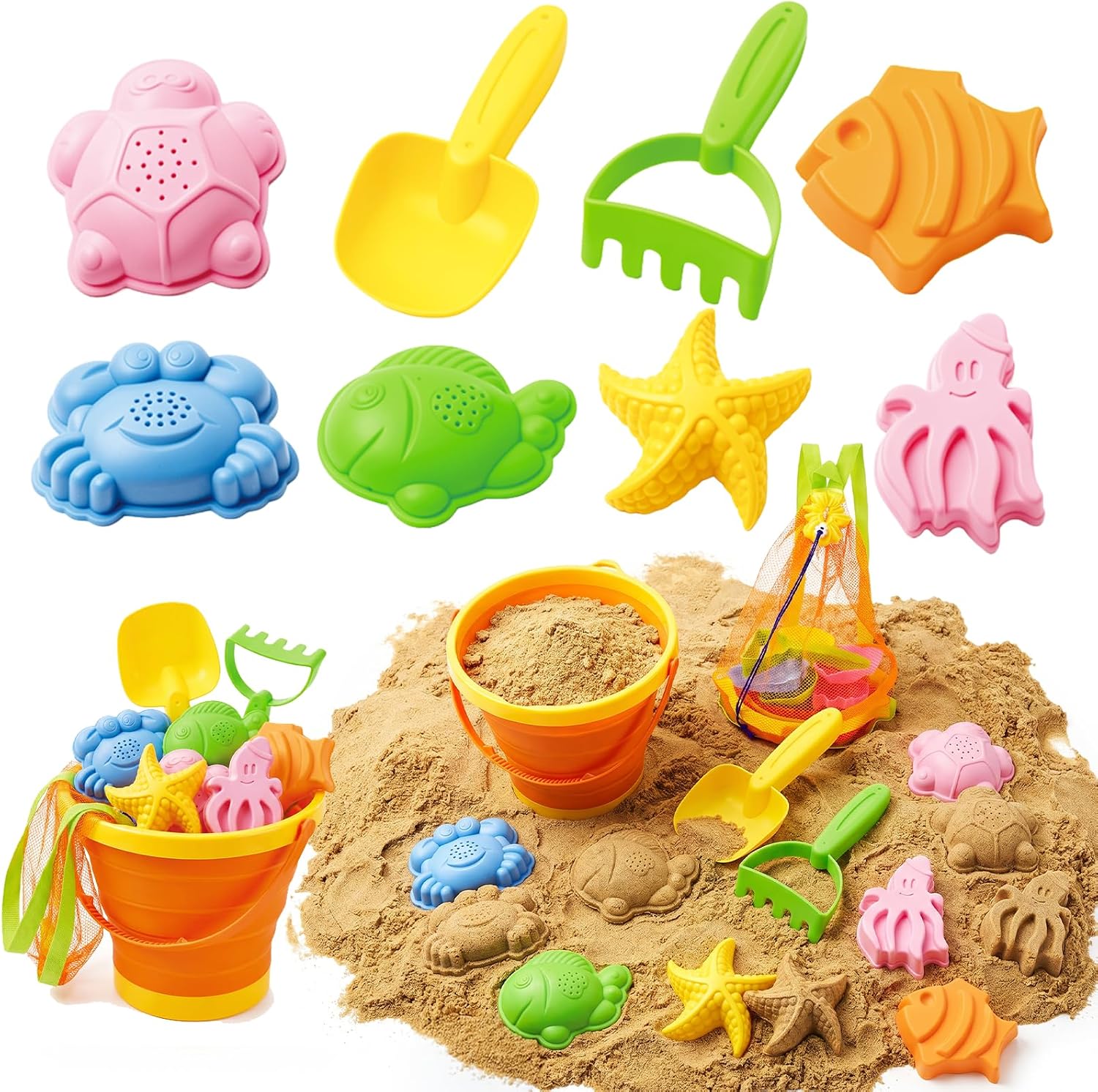 Detalle de Beach Sand Toys Set for Toddlers (Sunset Orange) – Portable Travel Beach Kit