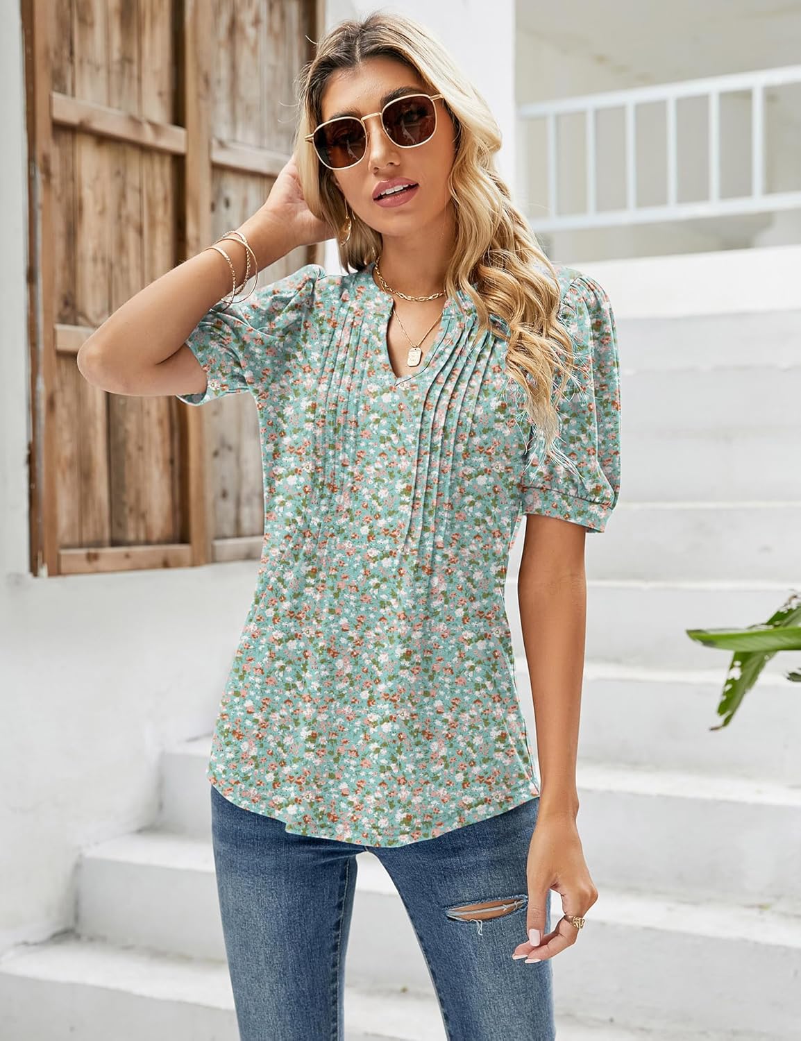 Thumbnail 3 de EFFAN Womens V Neck Puff Sleeve Pleated Floral Tunic Blouse