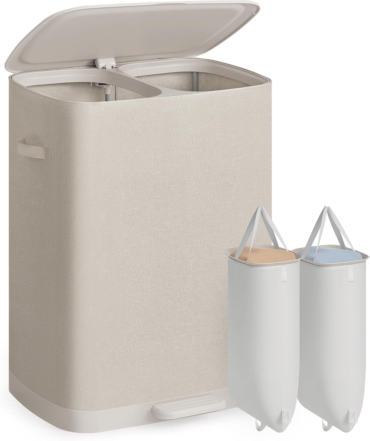 Detalle de SONGMICS LCB832L101 wasmand met pedaal, 2 vakken, 160 l, cappuccinabeige