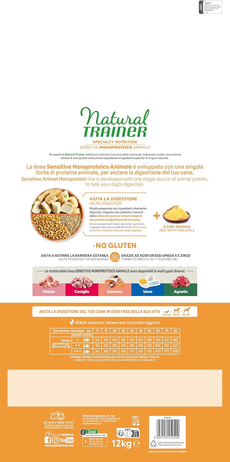 Detalle de Natural Trainer Sensitive No Gluten: cibo per cani adulti all’anatra e cereali integrali, 12 kg