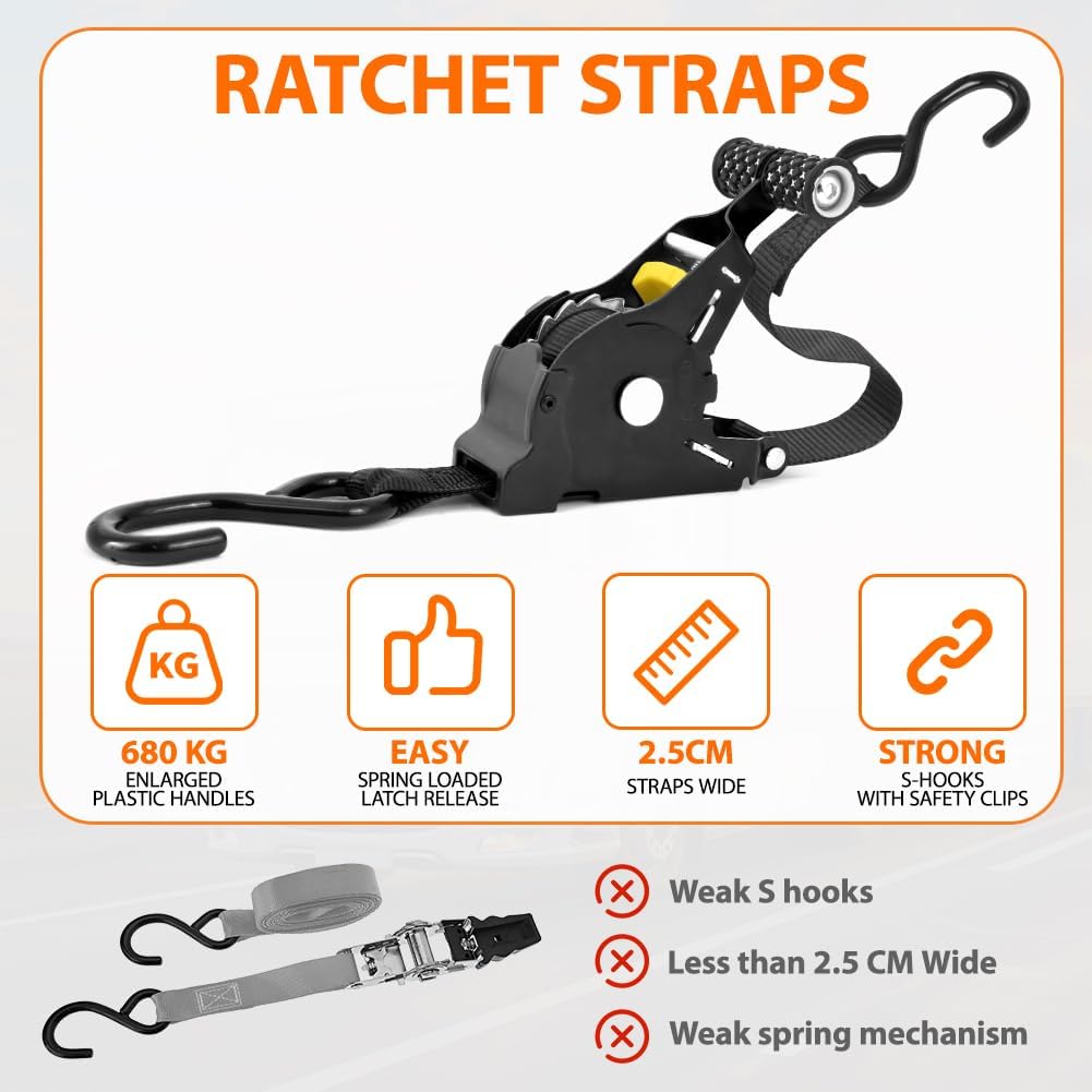 Detalle de Vsshe Ratschengurte 2,5 cm x 3,3 m – selbstrückprallende Gurte, 680 kg Tragkraft (2er-Pack)