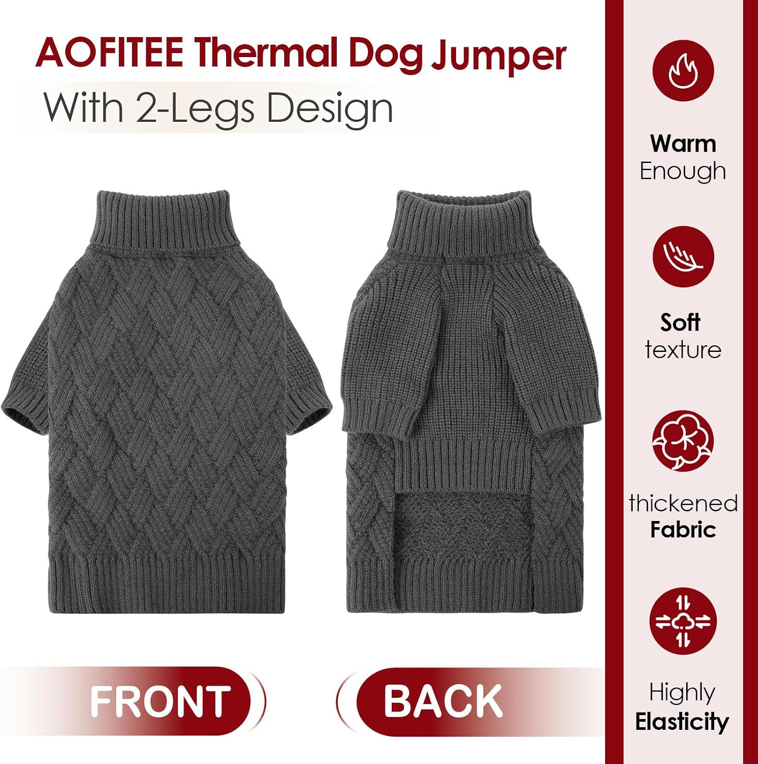 Detalle de AOFITEE Small Dog Jumper XS – Warm Turtle Neck Sweater for Small Dogs (Grey, XSmall)