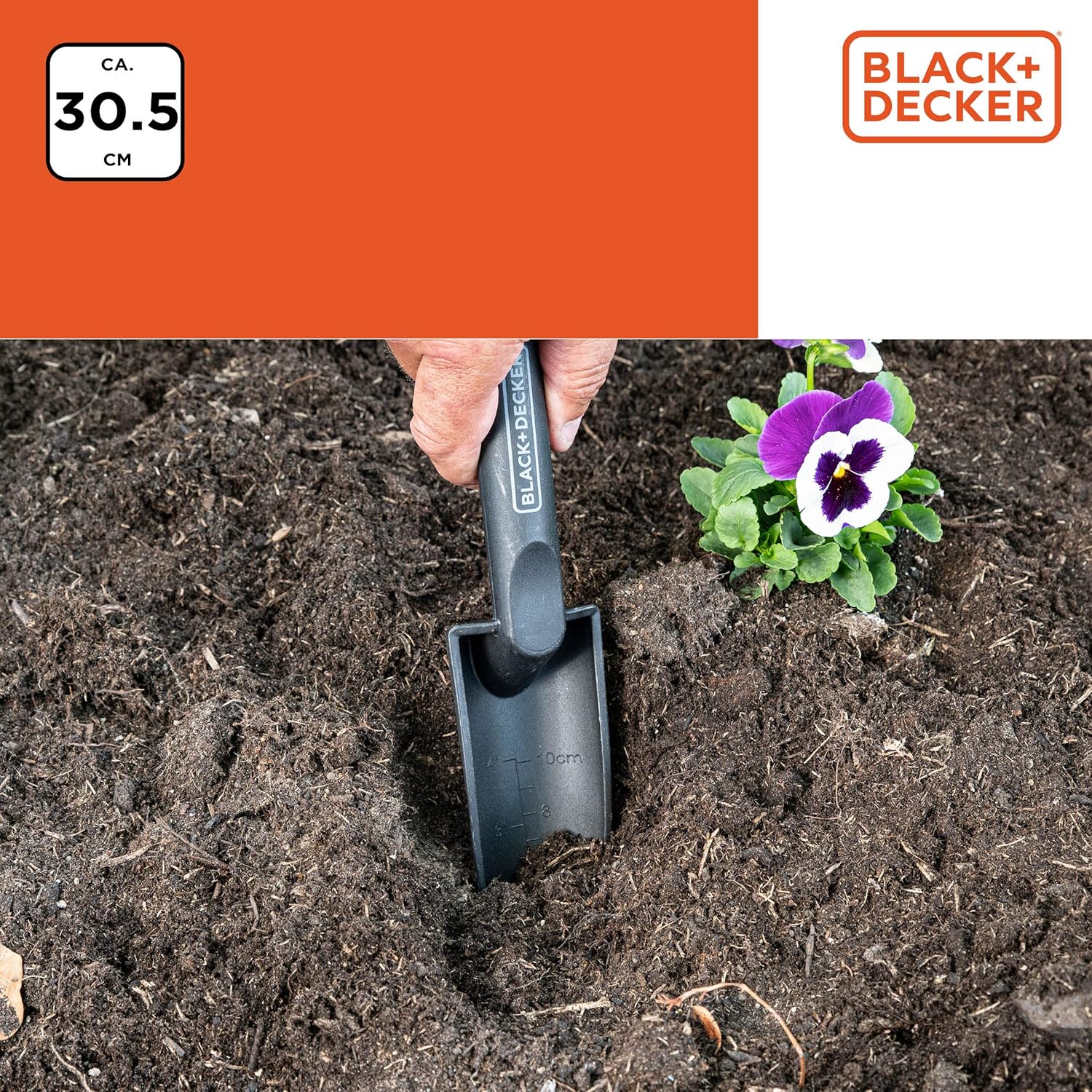 Detalle de BLACK+DECKER Pala da giardino con scala di misurazione, 30,5 cm – PP, Nero/Arancione