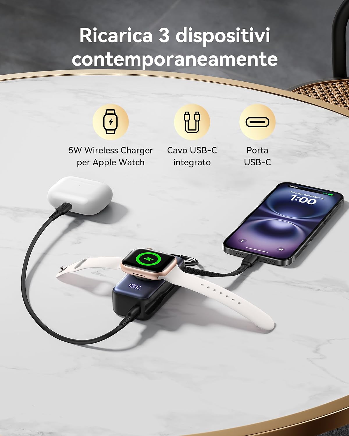 Detalle 2 de INIU Power bank magnetico per Apple Watch da 5.000 mAh con ricarica 20W e cavo USB‑C integrato