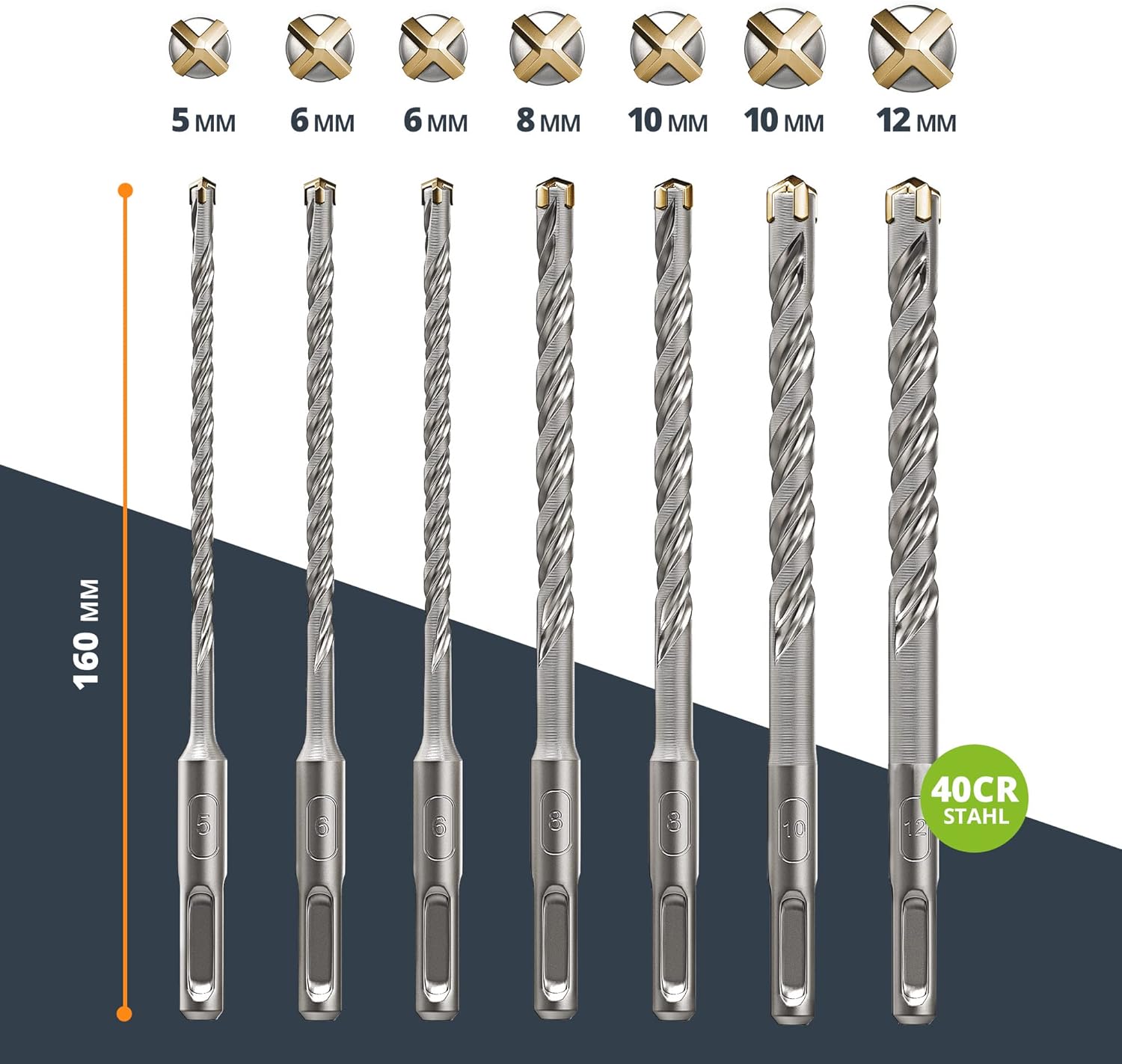 Thumbnail 4 de BAURIX Set Punte Trapano SDS [7 Pezzi] – Punte NARWAL per trapano SDS Plus, 5–12 mm, 160 mm