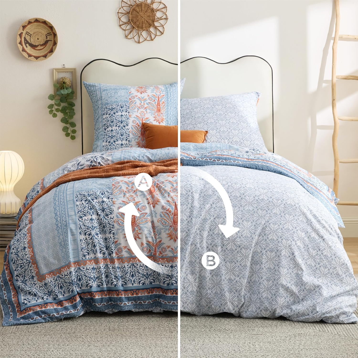 Thumbnail 6 de BEDSURE Bettwäsche 200x200 Baumwolle – Wendebettwäsche Blau Boho, 3-teilig (1x Bettbezug 200x200, 2x Kissenbezüge 80x80) mit Reißverschluss