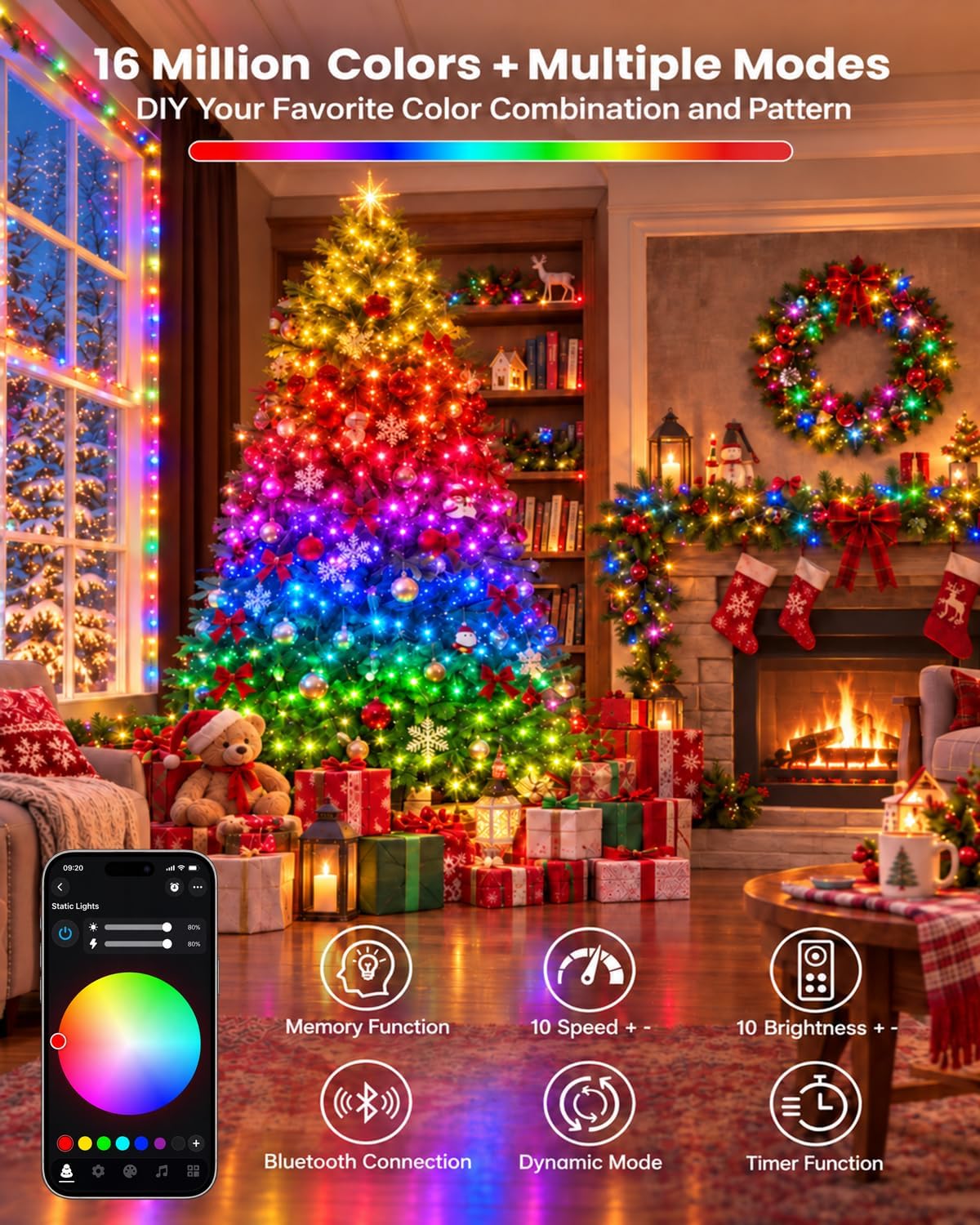Detalle 1 de BHCLIGHT 240LED Smart Color-Changing String Lights, 92FT, App and Remote Control