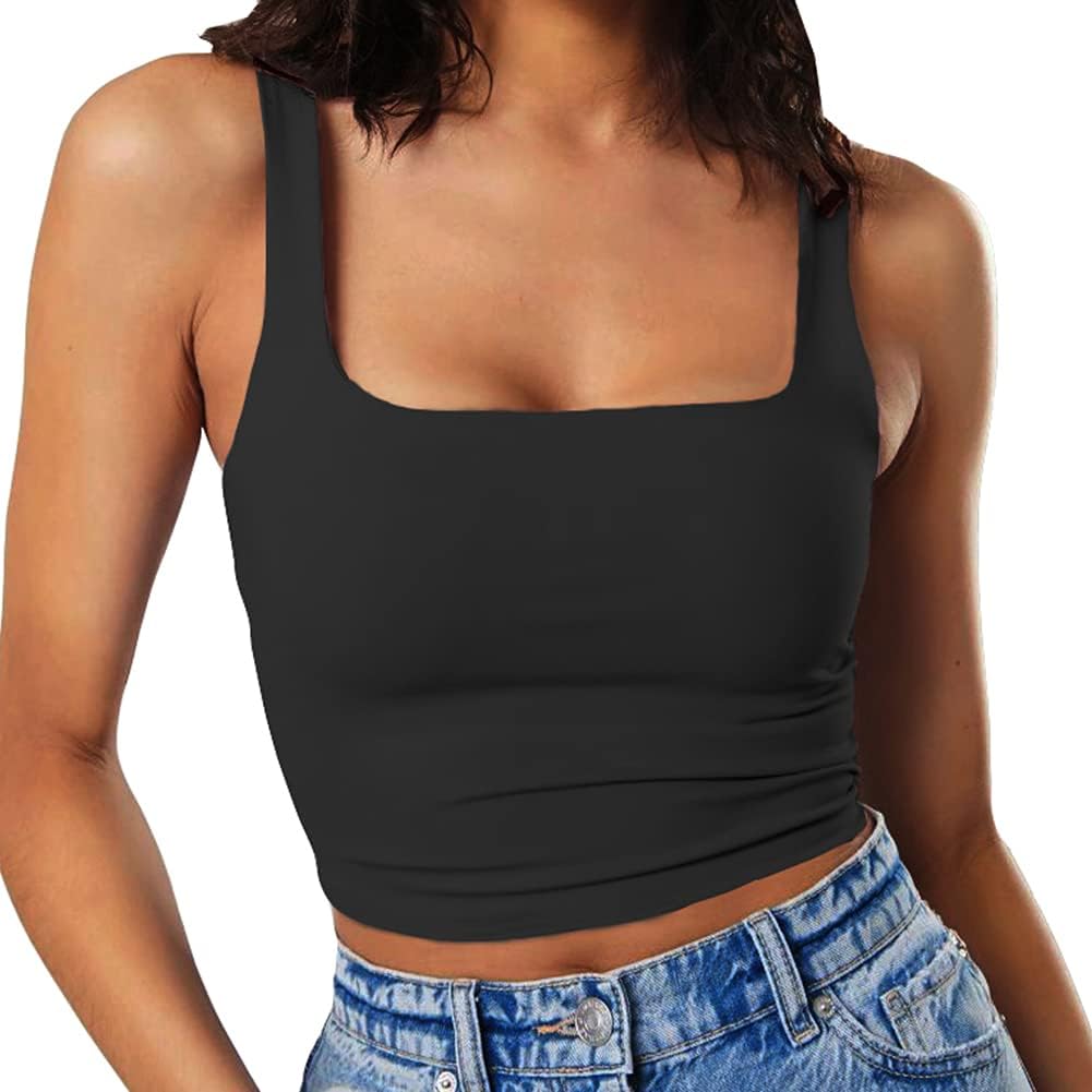 Detalle de Artfish Women’s Double-Layer Strappy Tank Crop Top (Square Neck, Sleeveless)