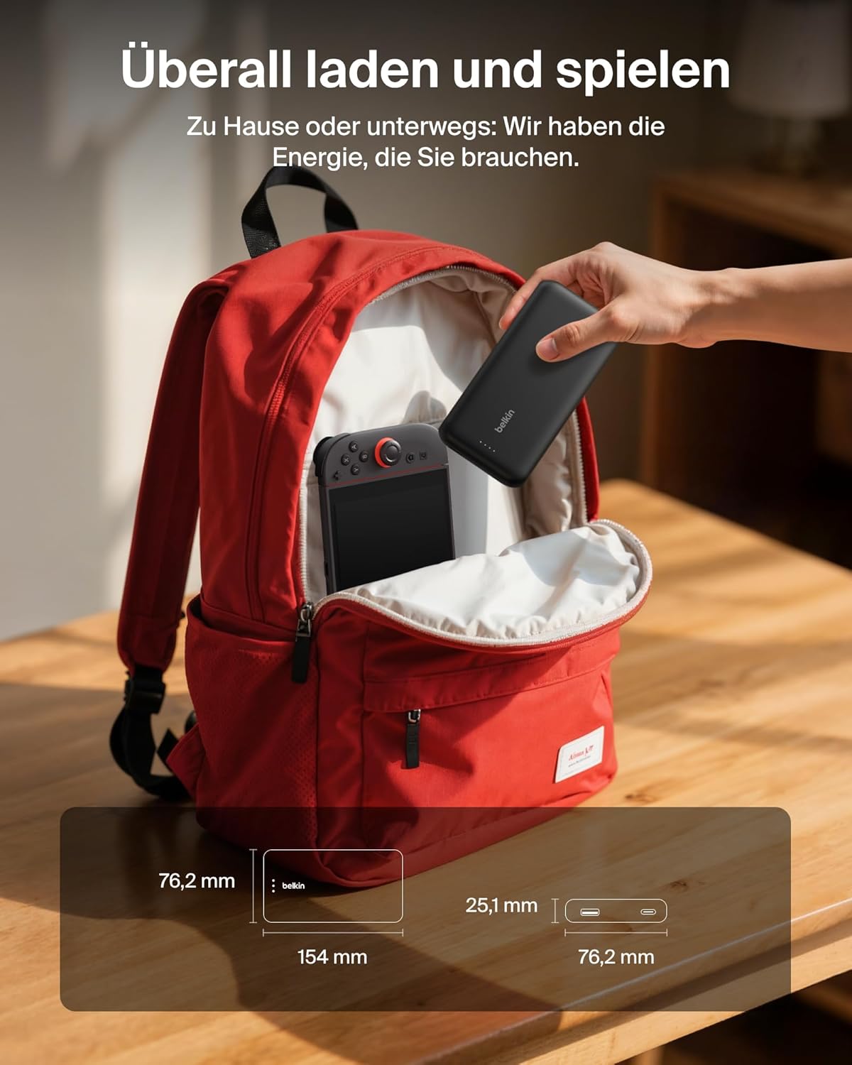 Thumbnail 5 de Belkin Gaming Powerbank 20.000 mAh mit integriertem USB‑C‑Kabel (30 W) – für Nintendo Switch 2 & Smartphones, Schwarz