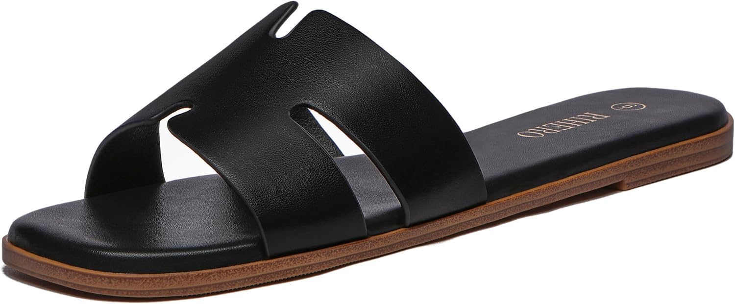 Detalle de Rihero Women’s Dressy Flat Sandals Comfortable Slip-On Leather Slide Sandals