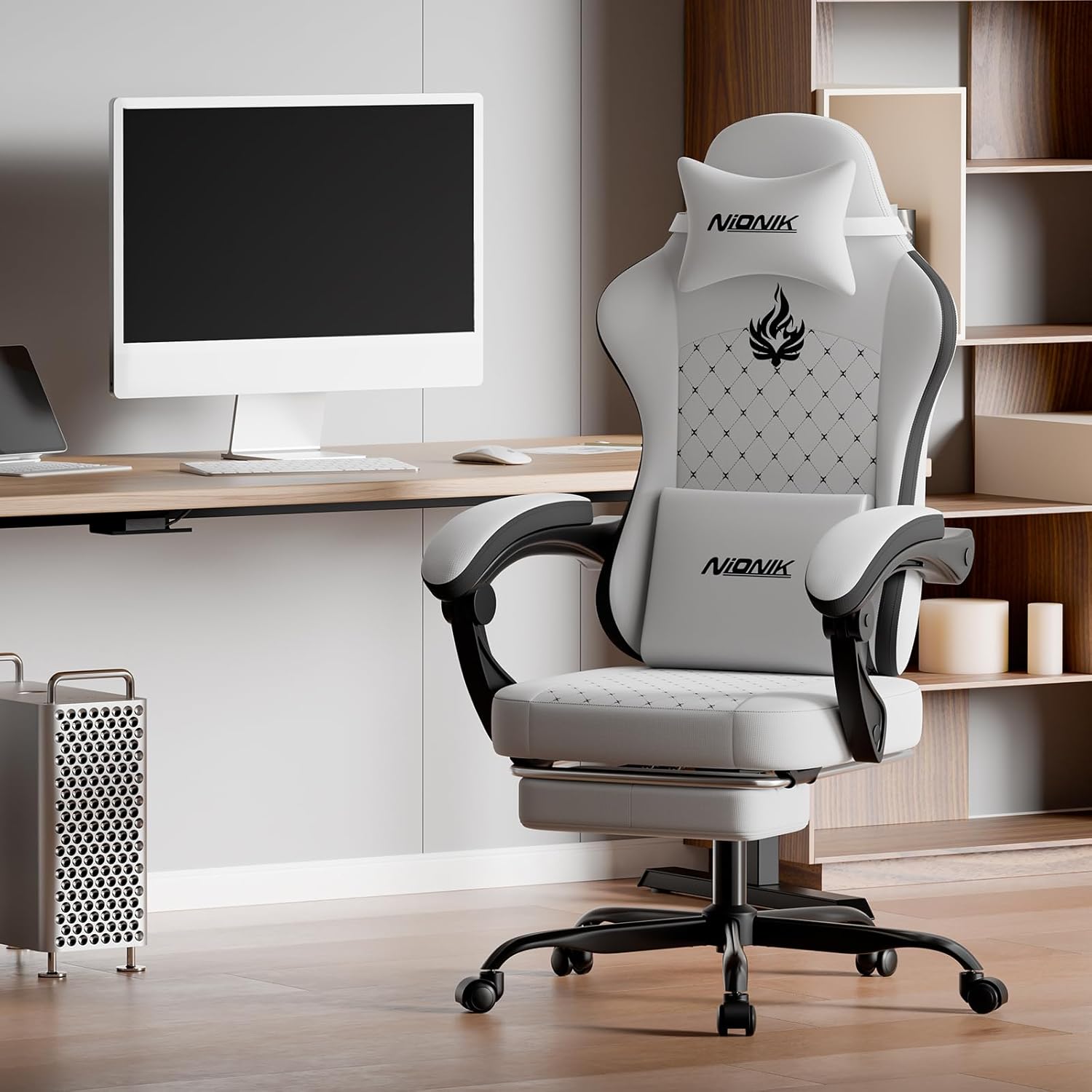 Thumbnail 1 de NIONIK Gaming Stuhl mit Fußstütze, verstellbarer Lordosenstütze und 3D-Armlehnen – höhenverstellbar für Homeoffice & E-Sports