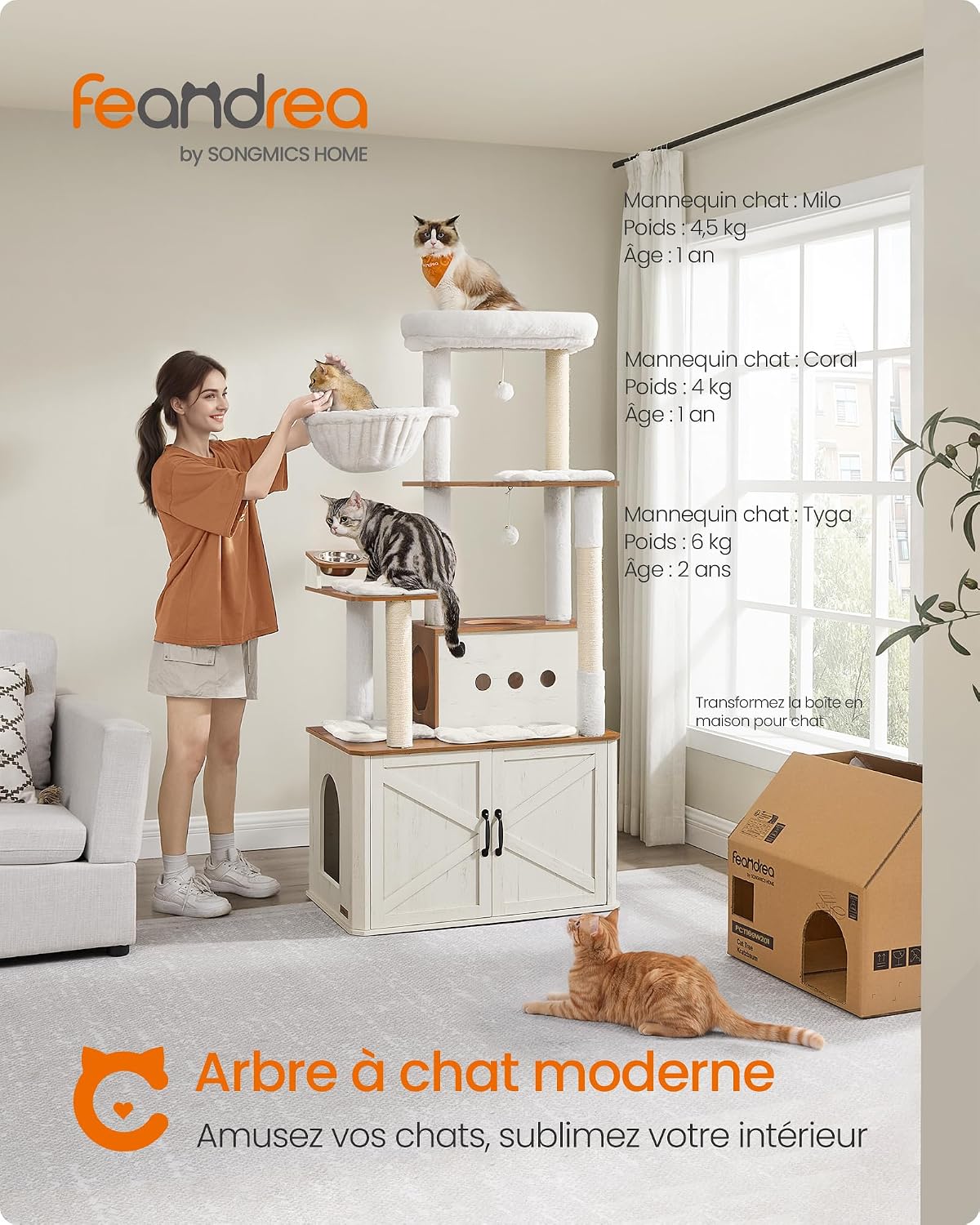 Detalle 2 de Feandrea Arbre à Chat de 170 cm avec Cache-Litière et Accessoires Intégrés – Marron Miel et Blanc Rustique PCT169W201