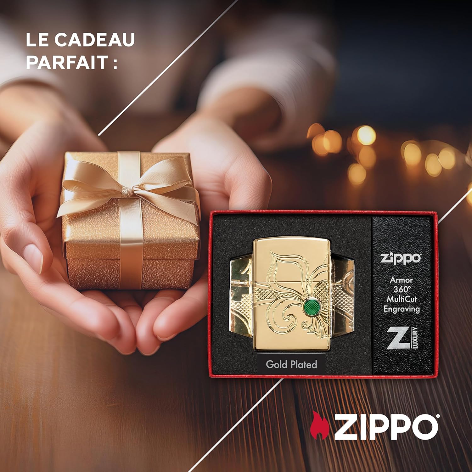 Detalle de Zippo Briquet Tempête Fleur de Lis – Finition Armor Laiton Poli Brillant Or avec Gravure
