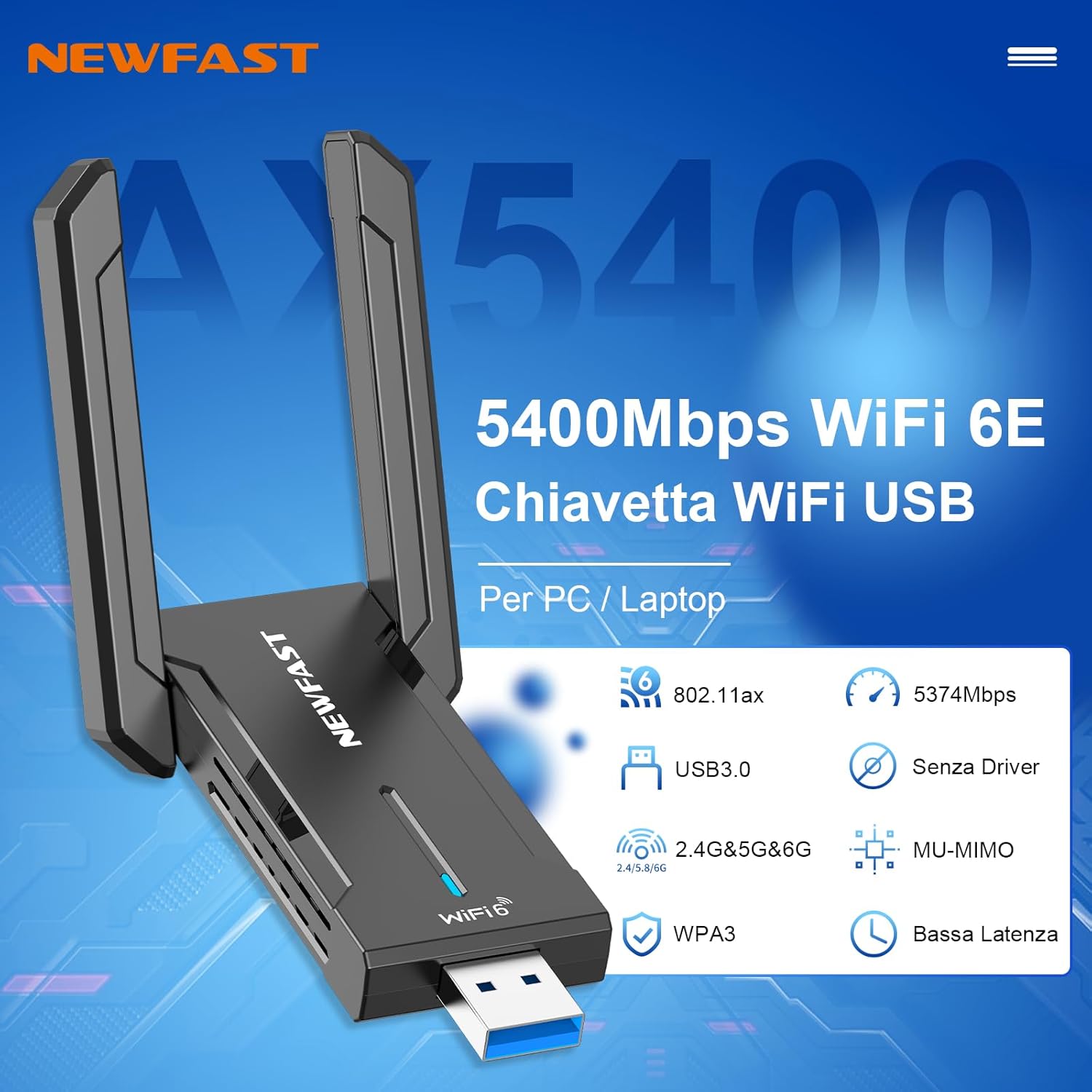Thumbnail 1 de NEWFAST NF-U353: Chiavetta WiFi 6E da PC Fisso fino a 5400 Mbps