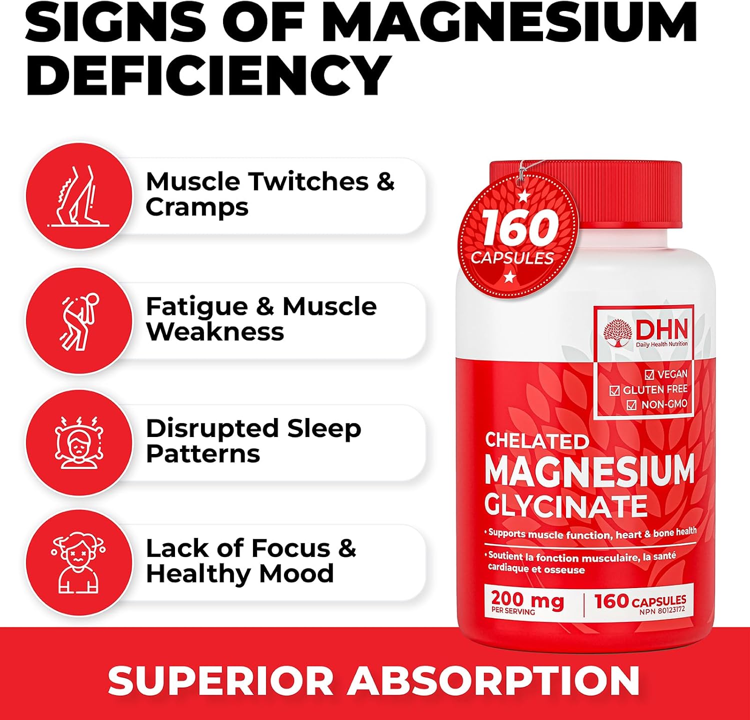 Detalle de DH Nutrition Magnesium Glycinate Capsules, 200 mg Elemental Magnesium, 160 Count