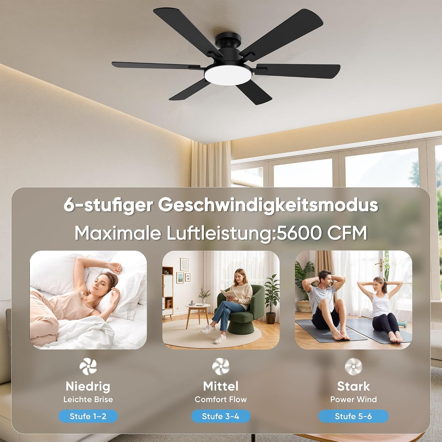 Detalle de Deckenventilator mit Beleuchtung 132 cm – 6 Flügel, DC-Silentmotor, Fernbedienung