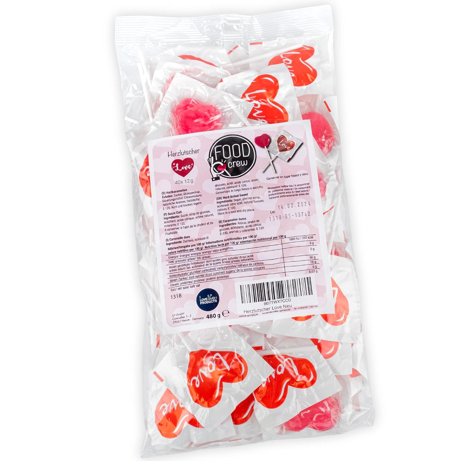 Thumbnail 1 de FOOD crew 40 Herzlollies – große Herz-Piruletas am Stück, einzeln verpackt für Candy Bar & Events