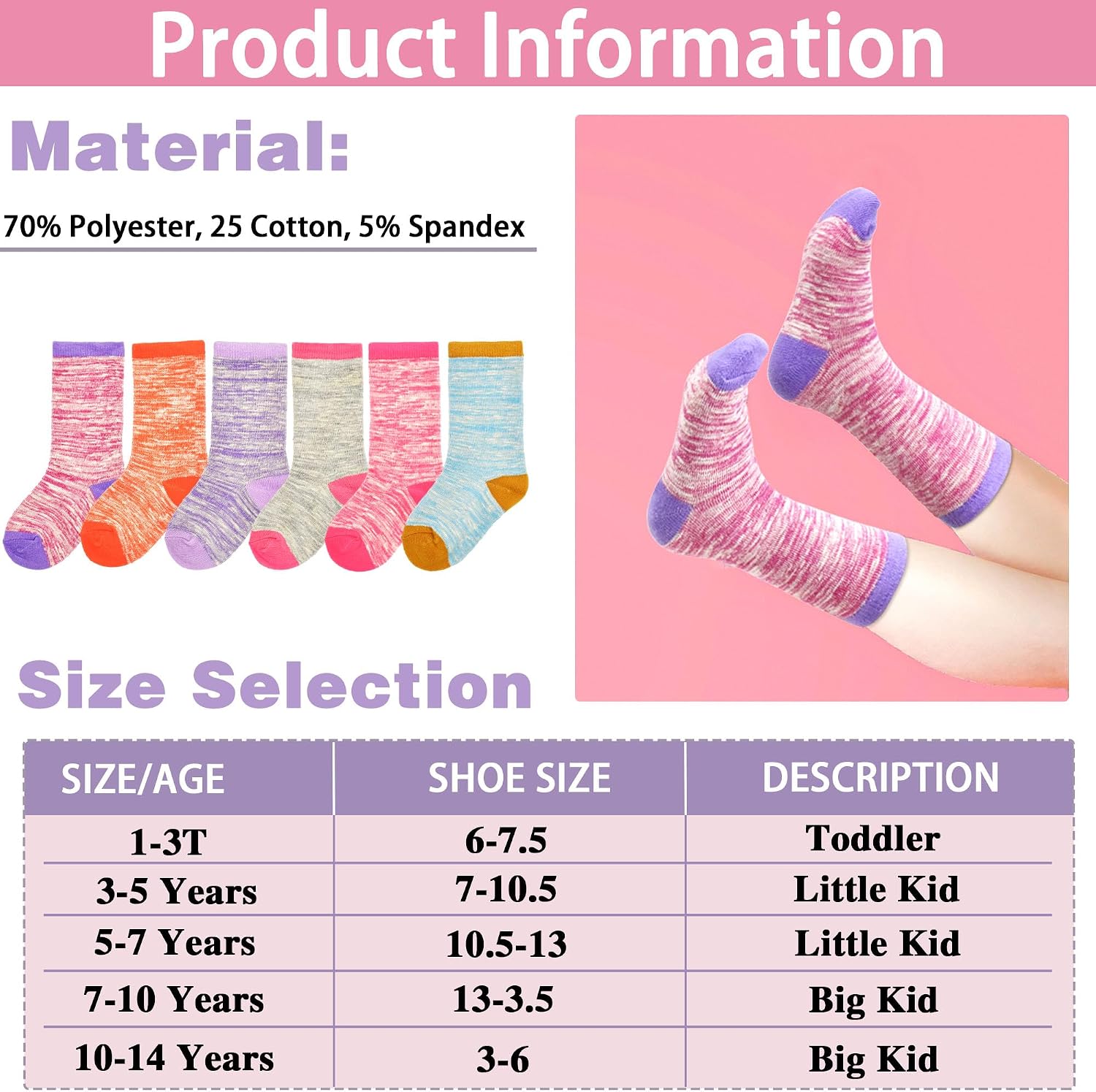 Detalle de Girls’ Cotton Trainer Socks (6 Pairs) – Soft Mid-Calf Sports Socks for Kids 1–13 Years