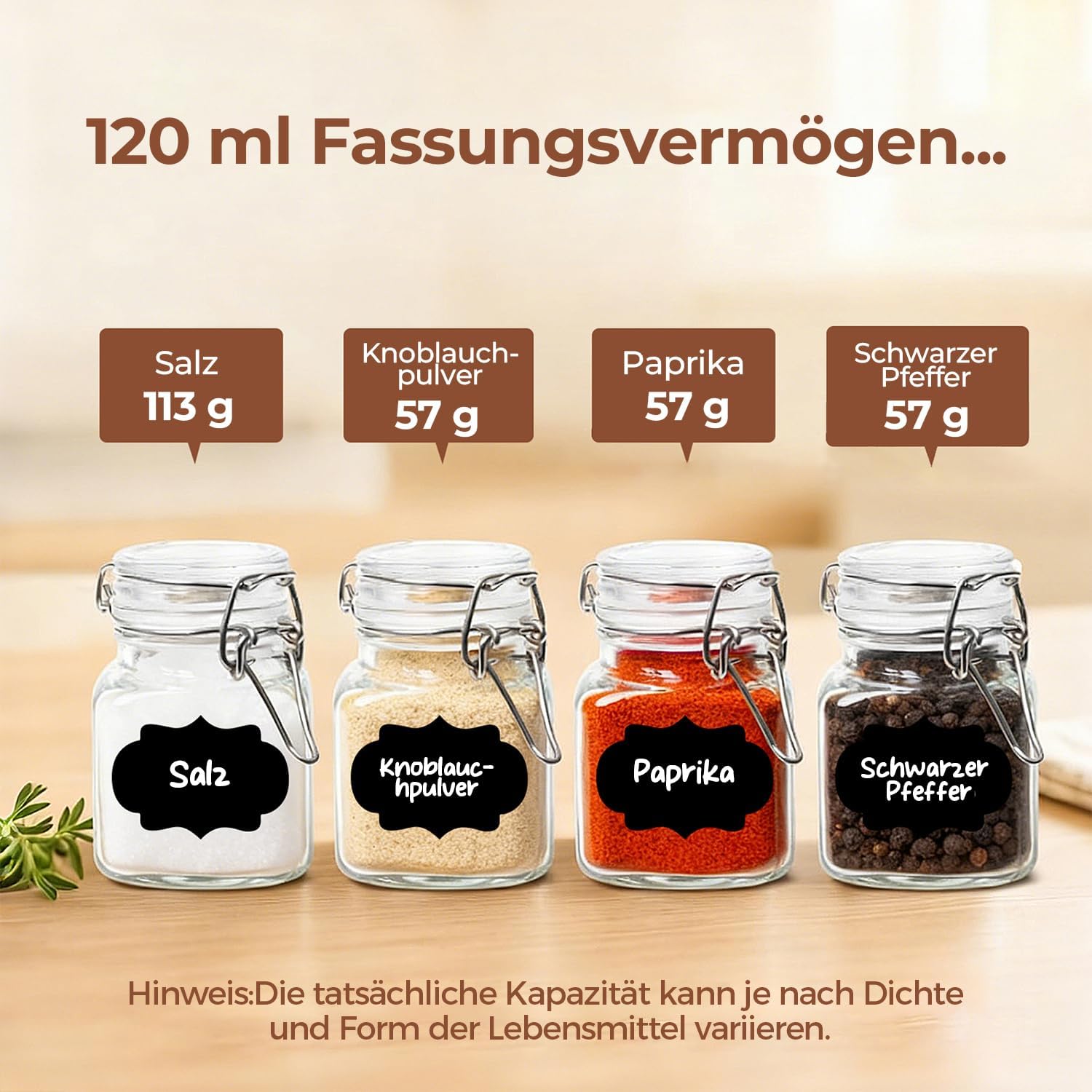Detalle de ComSaf 12er Gewürzgläser-Set 120 ml – luftdicht, quadratisch, mit Trichter & Etikettenbogen