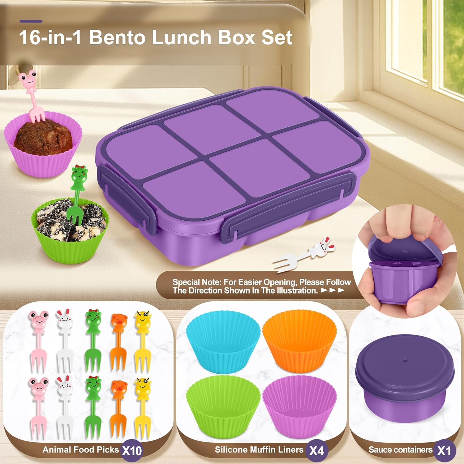 Thumbnail 3 de Amathley Bento-Box 16-in-1: 1200 ml Lunchbox Set für Kinder und Erwachsene (Lila, 6 Fächer, 10 Obstgabeln, 4 Muffinförmchen)