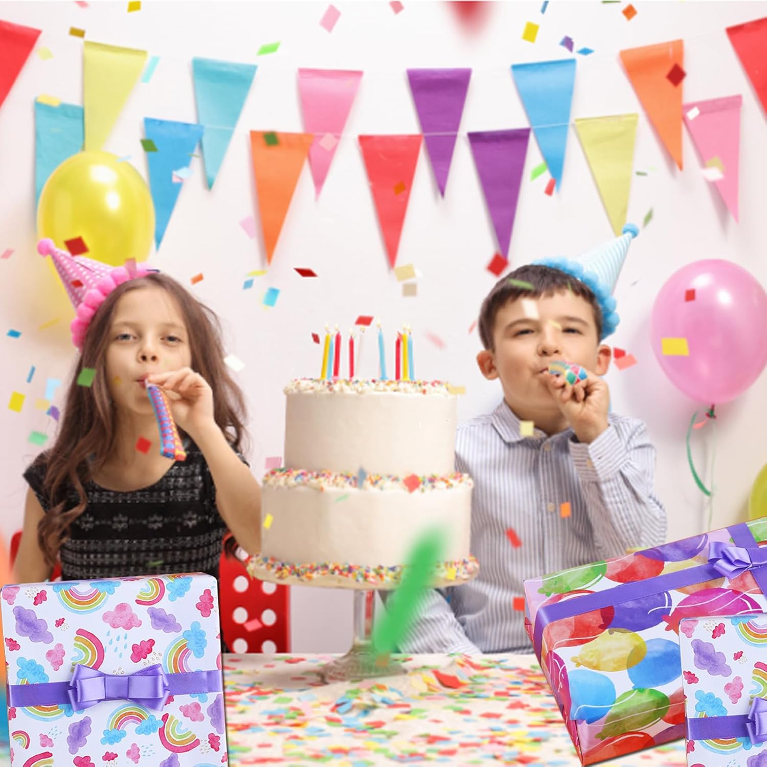 Thumbnail 2 de Liiqin 6 Blatt Geschenkpapier Set für Kindergeburtstag, 50×70 cm – Regenbogen & Luftballons