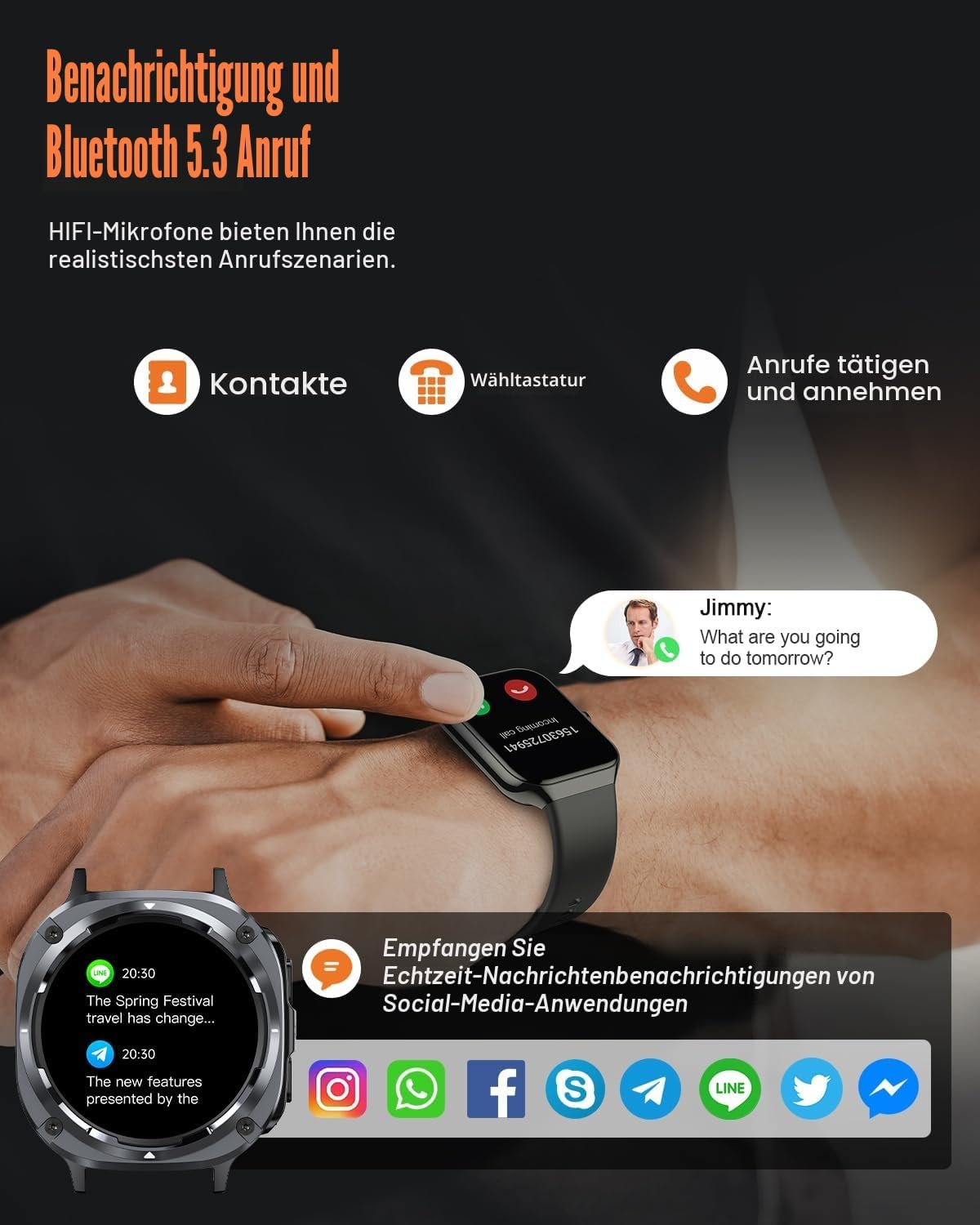 Detalle 2 de TIMU Smartwatch für Herren – 1,45 Zoll AMOLED, Bluetooth Anruffunktion und 30 Tage Standby