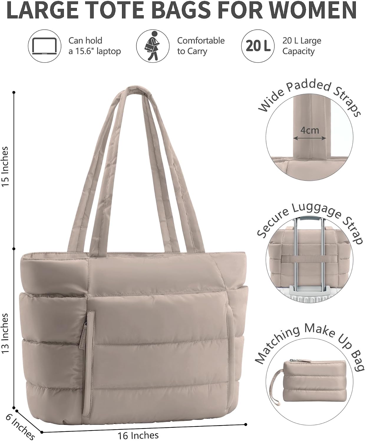 Detalle de Bagstellar Puffer Tote Bag, 20L Quilted Work Tote with 15.6-Inch Laptop Sleeve