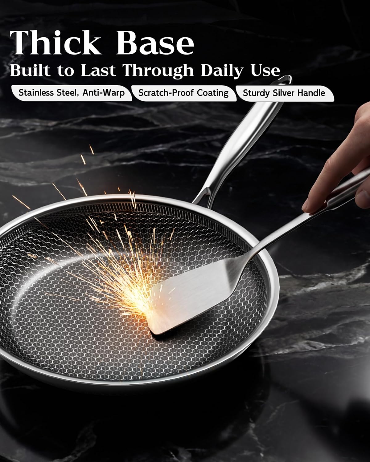 Detalle de XBM 10-Inch Nonstick Frying Pan with Lid — Durable Tri-Ply Stainless Steel, Induction Ready