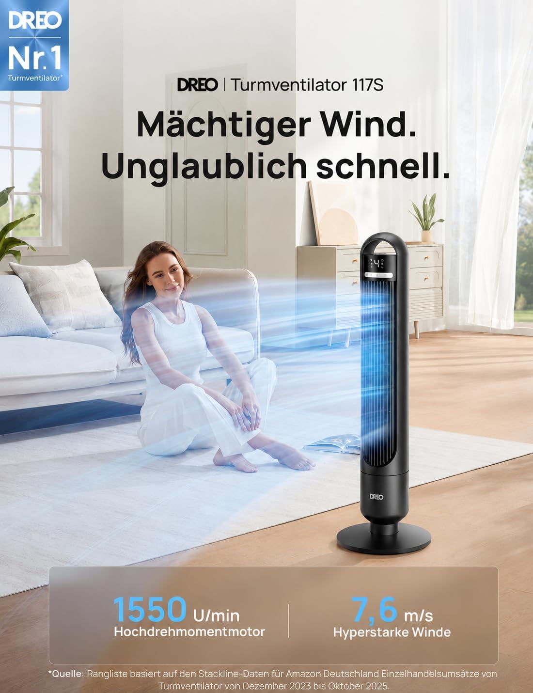 Detalle de DREO Smart Turmventilator fürs Schlafzimmer – leise, vernetzt und flexibel nutzbar