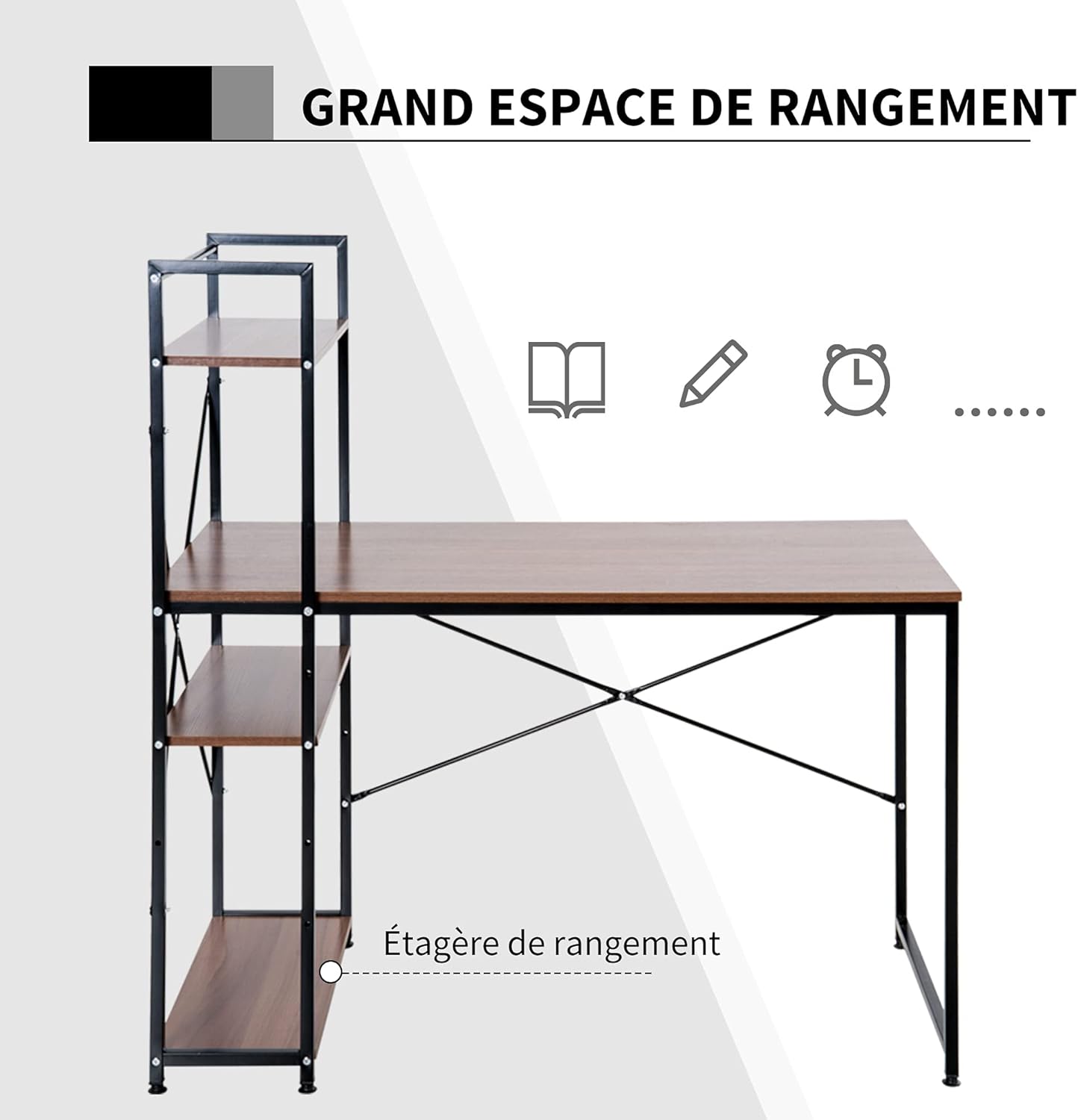 Thumbnail 4 de HOMCOM Bureau d’angle avec rangement industriel et bibliothèque 3 étagères, aspect noyer et métal noir