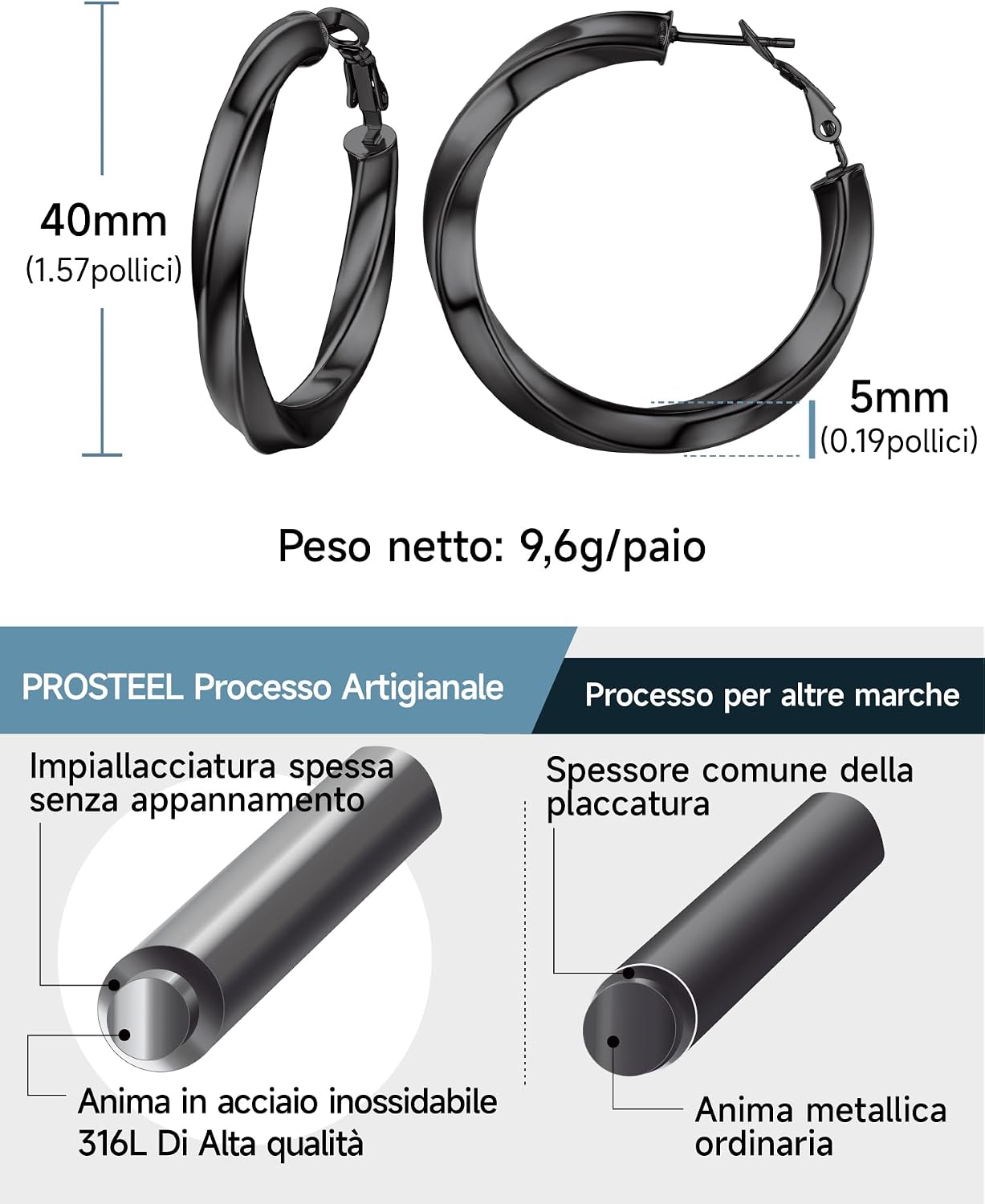 Detalle 2 de PROSTEEL Orecchini a cerchio vuoti in acciaio inox 316L oversize (30/40/60/80 mm) Y2K