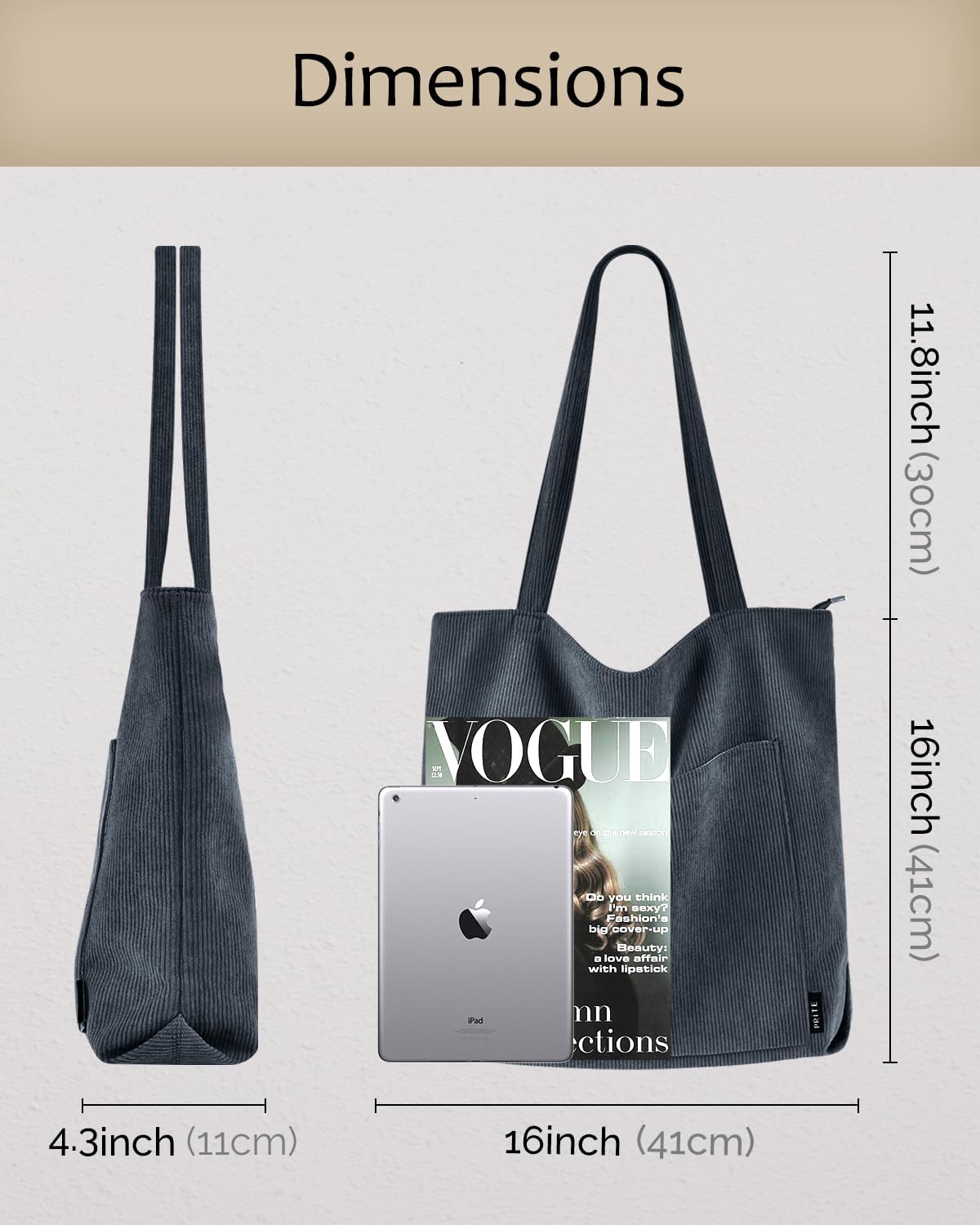 Thumbnail 4 de Prite Corduroy Tote Bag for Women | Large Shoulder Bag with Zipper and Pockets