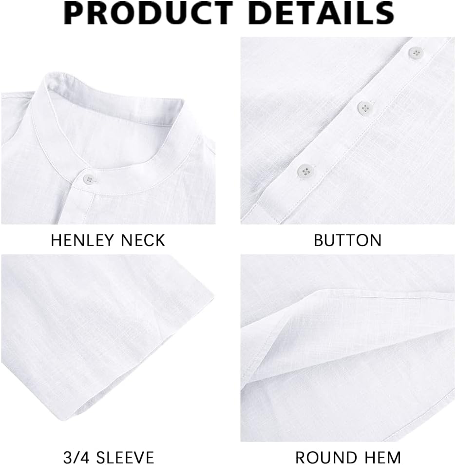 Detalle de Ryannology Mens Linen Shirts: Casual Linen-Cotton Henley, 3/4 Sleeve
