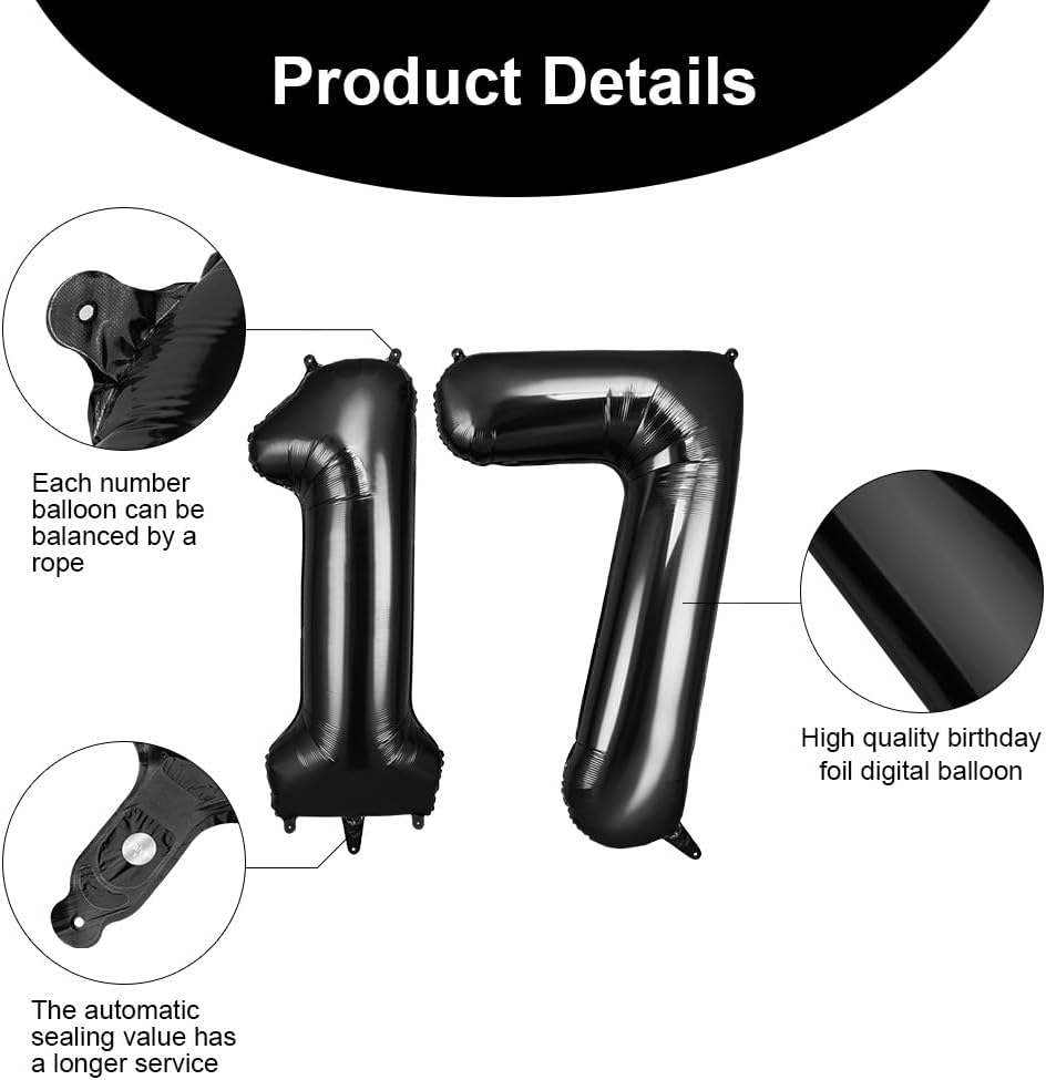 Thumbnail 2 de OFFCUP Luftballon Zahlen 17 – 101 cm Schwarz (40 Zoll) Folienballon, 2er-Set
