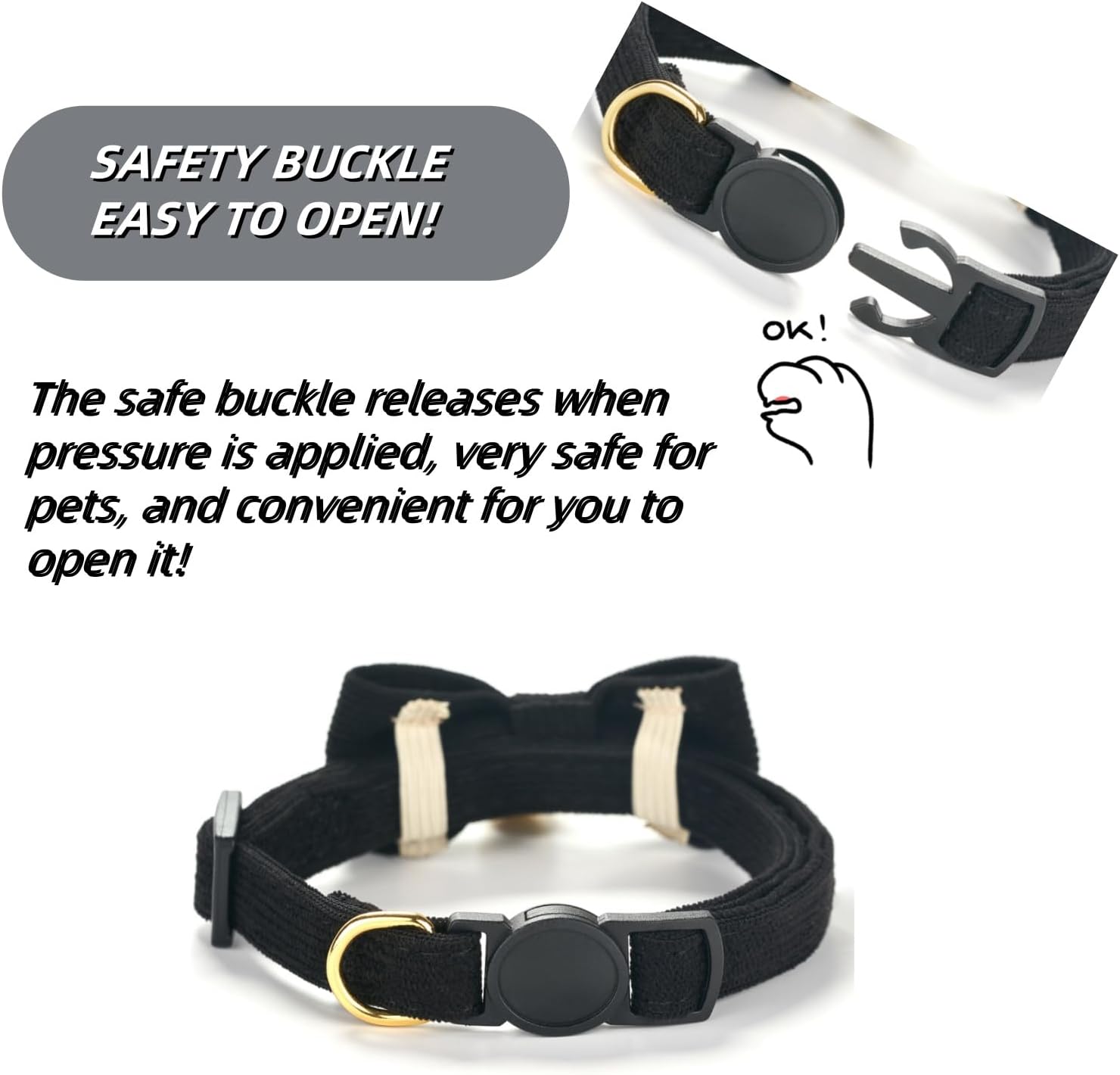 Detalle de Cute Cat Collars With Bow – Quick Release Safety Buckle, Bells, Corduroy Comfort (Black / Red or Green options) — Pack of 1