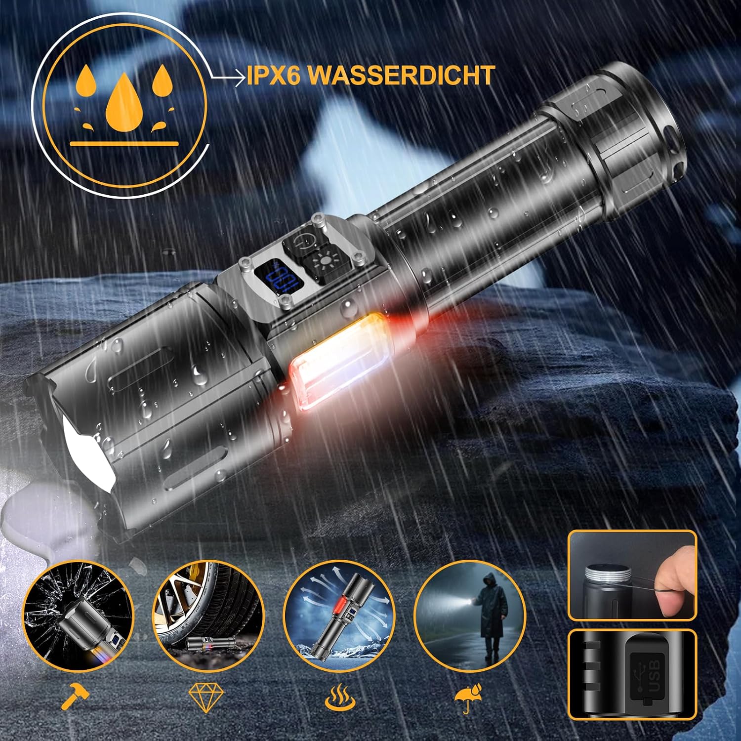 Thumbnail 6 de BEYSTE LC223 LED-ficklampa med COB-sidoljush, USB-C och LCD-skärm