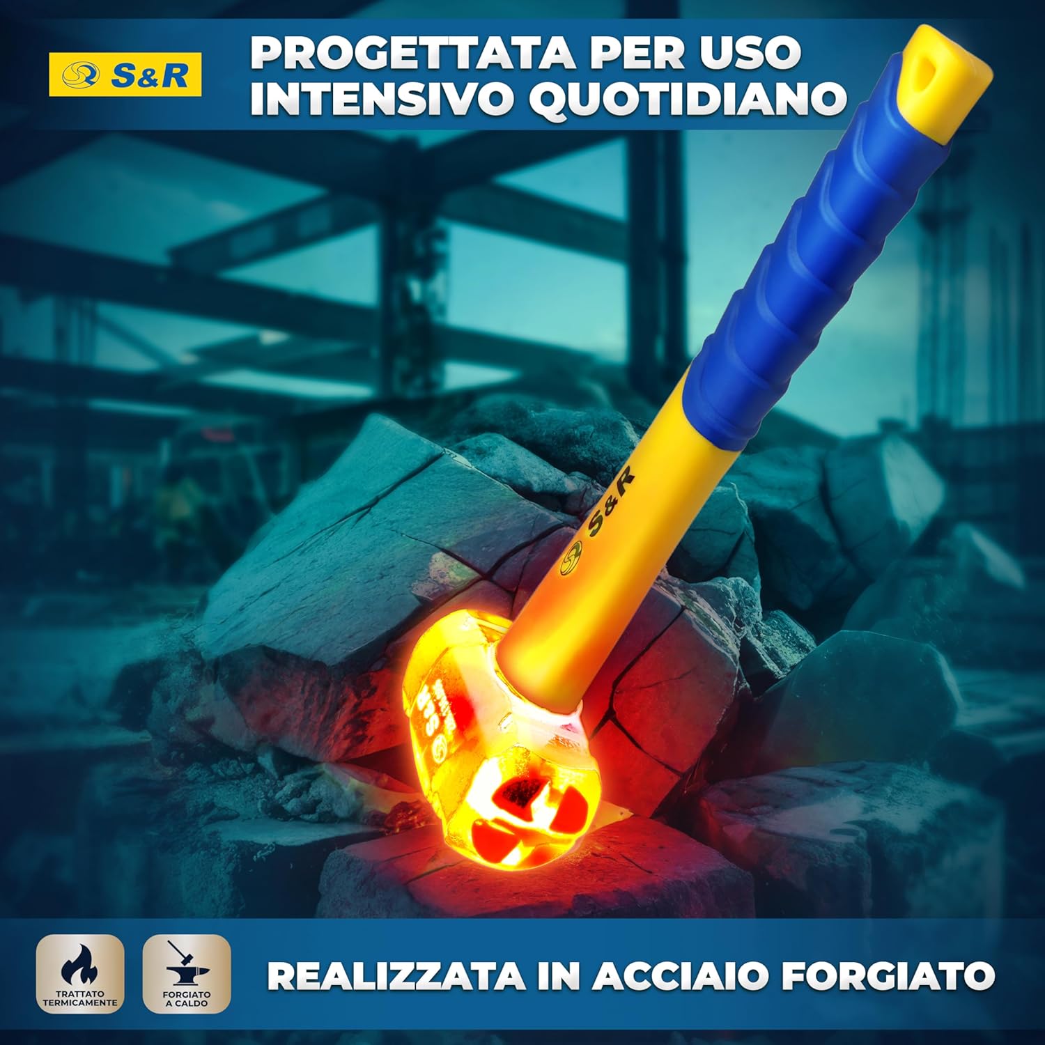 Detalle de S&R Mazzetta da Muratore 1360 g – Martello Demolitore a Croce in Acciaio temprato 38–48 HRC, Impugnatura Ergonomica in Fibra di Vetro