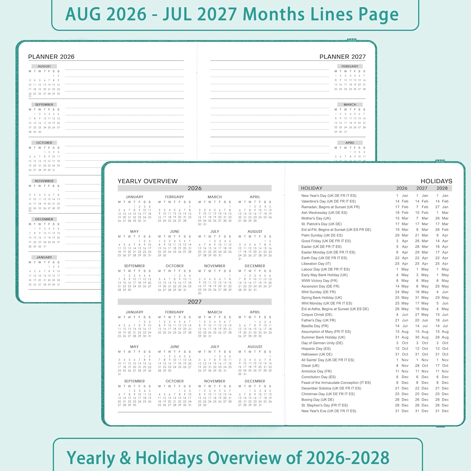 Thumbnail 3 de Academic Diary 2026-2027: Day‑per‑page A5 Diary with 180° flat opening, Green faux leather cover