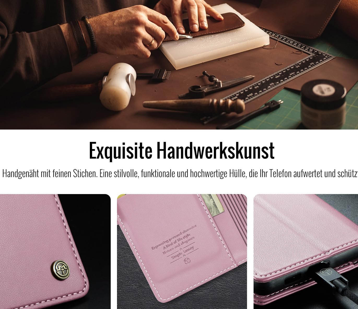 Detalle de Phernykas Handyhülle Samsung S21 – Leder-Wallet mit Kartenfach, Standfunktion und RFID-Schutz (Golden)