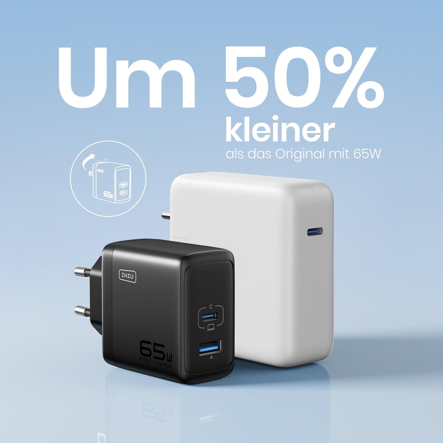 Detalle de INIU 65W Chargeur USB C GaN II — 2 ports (USB‑C + USB‑A), rapide et compact
