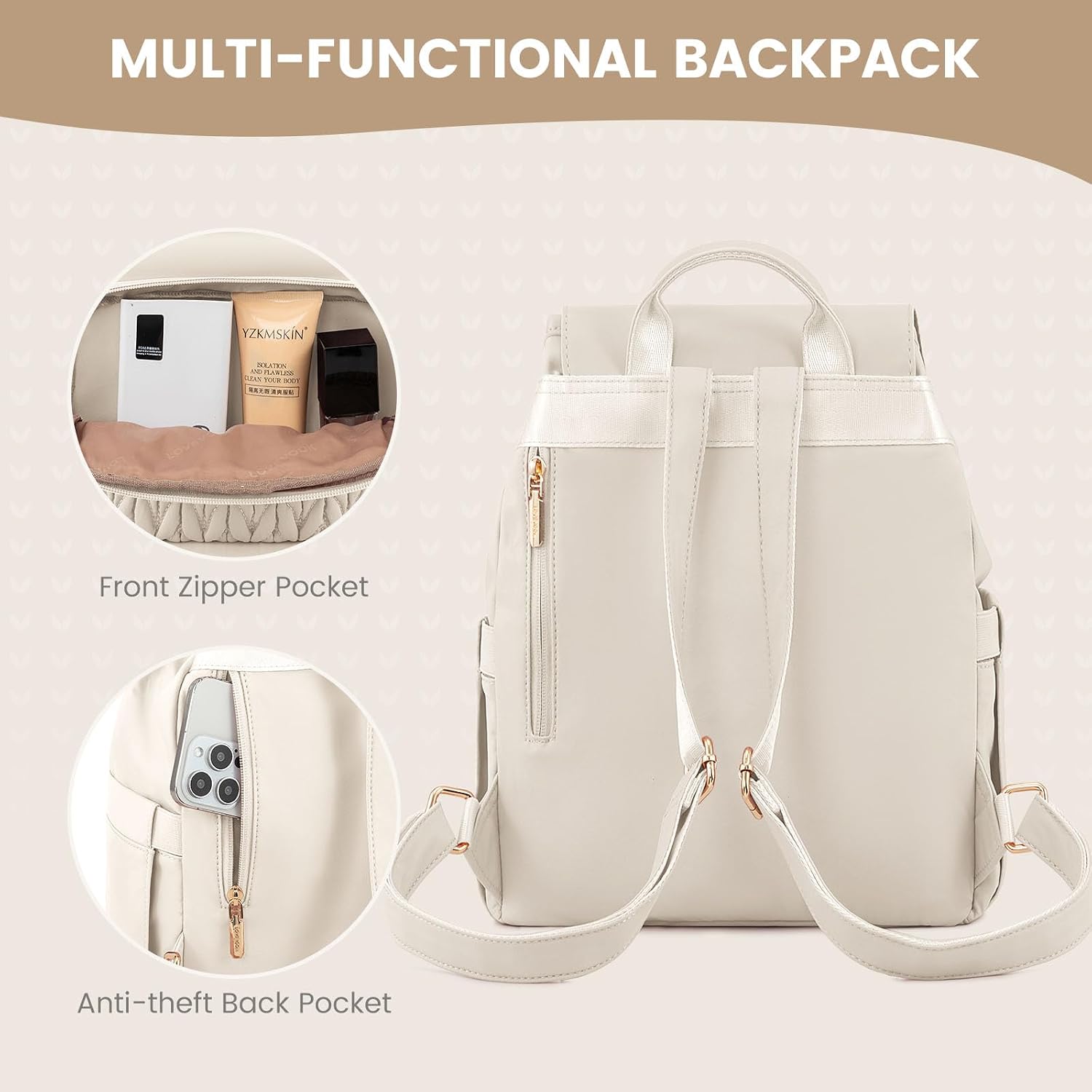 Thumbnail 4 de LOVEVOOK women’s small fashion backpack (beige) – waterproof anti-theft mini rucksack for school, work & travel