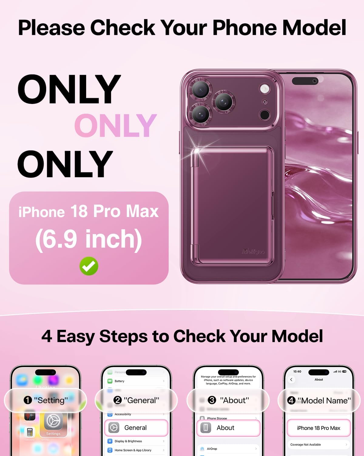 Detalle 2 de Meifigno iPhone 18 Pro Max Wallet Case, Burgundy, Mirror and Kickstand